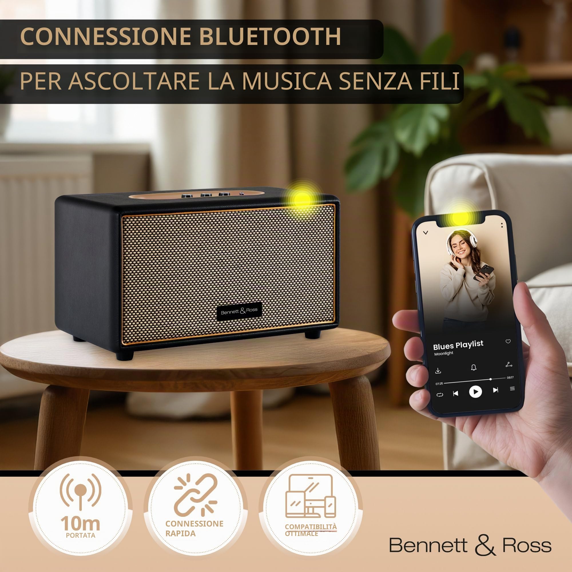 Bennett & Ross BB-860BK Blackmore altoparlante bluetooth retrò in pelle - Altoparlante vintage da 2x 30 W - Speaker ingresso USB con lettore MP3 - Jack da 3,5 mm e ingresso Aux - Cassa nero