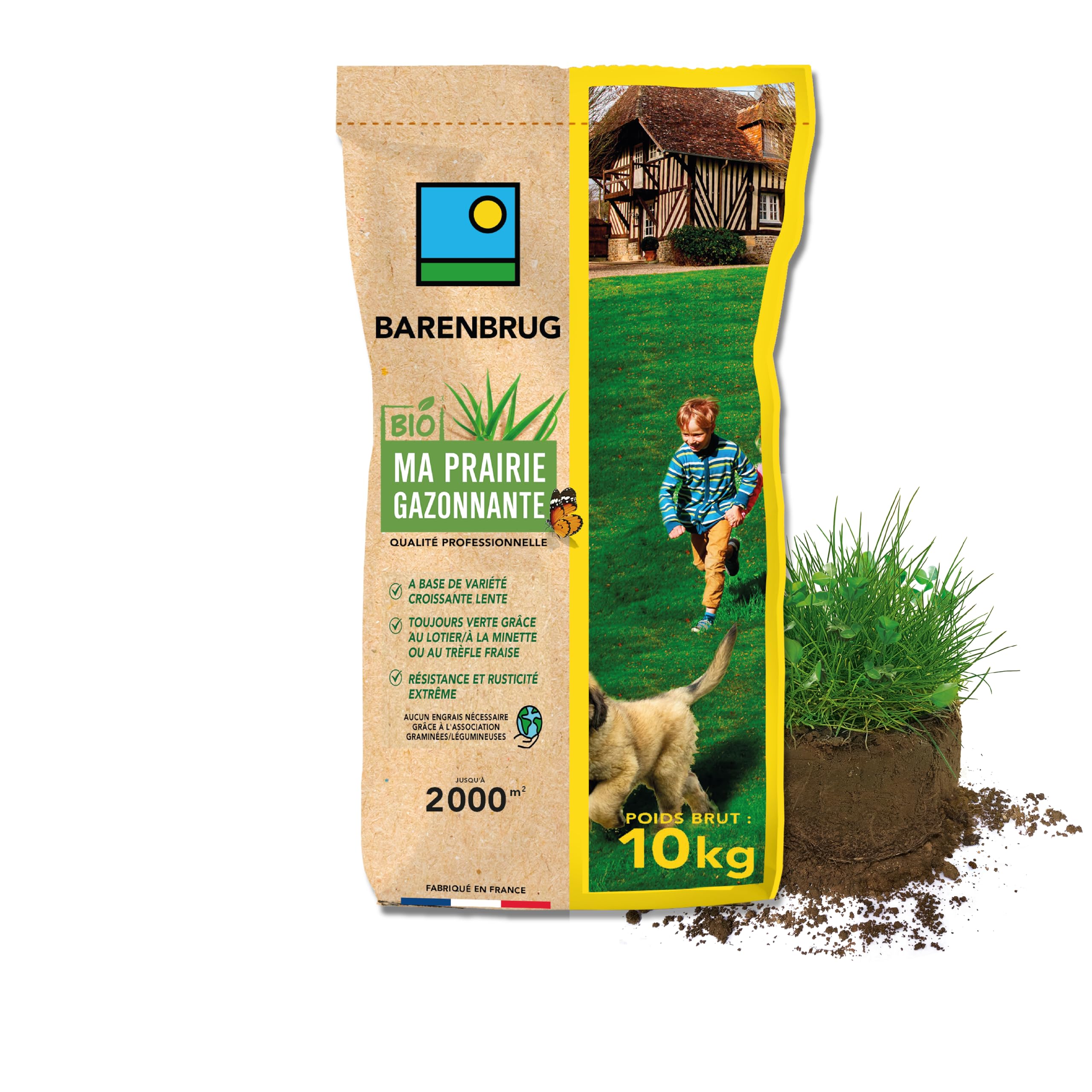 BARENBRUG - Pradera Césped BIO - Variedades de Crecimiento Lento - Siempre Verde gracias a las Leguminosas - Resistencia y Rusticidad Extremas - Fabricado en Francia - 10 Kg
