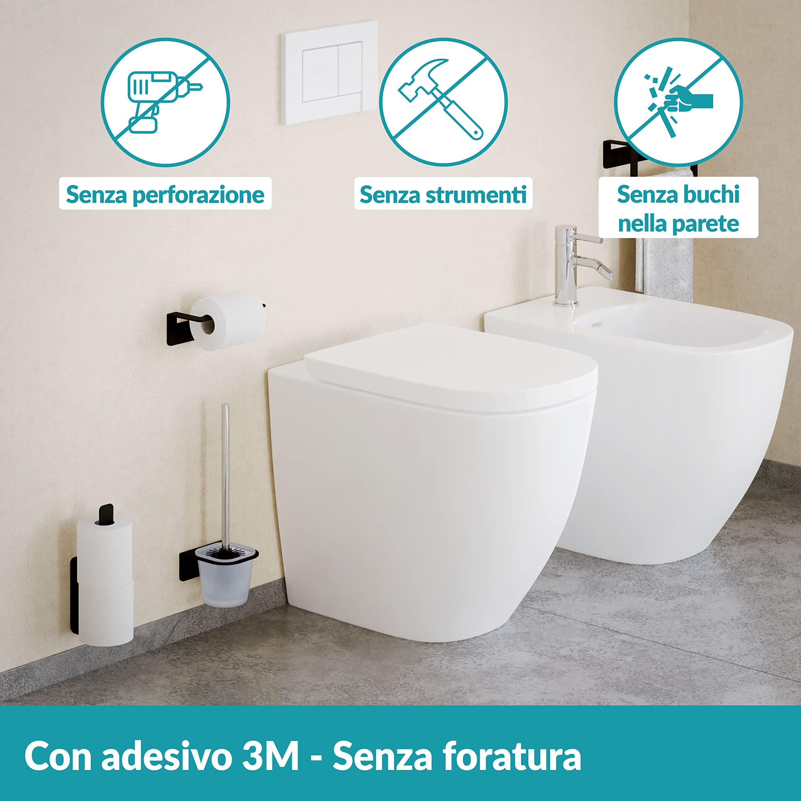 WEISSENSTEIN Portarotoli carta igienica scorta da muro - Porta rotolo bagno acciaio inox satinato - Porta carta igienica nera adesiva verticale