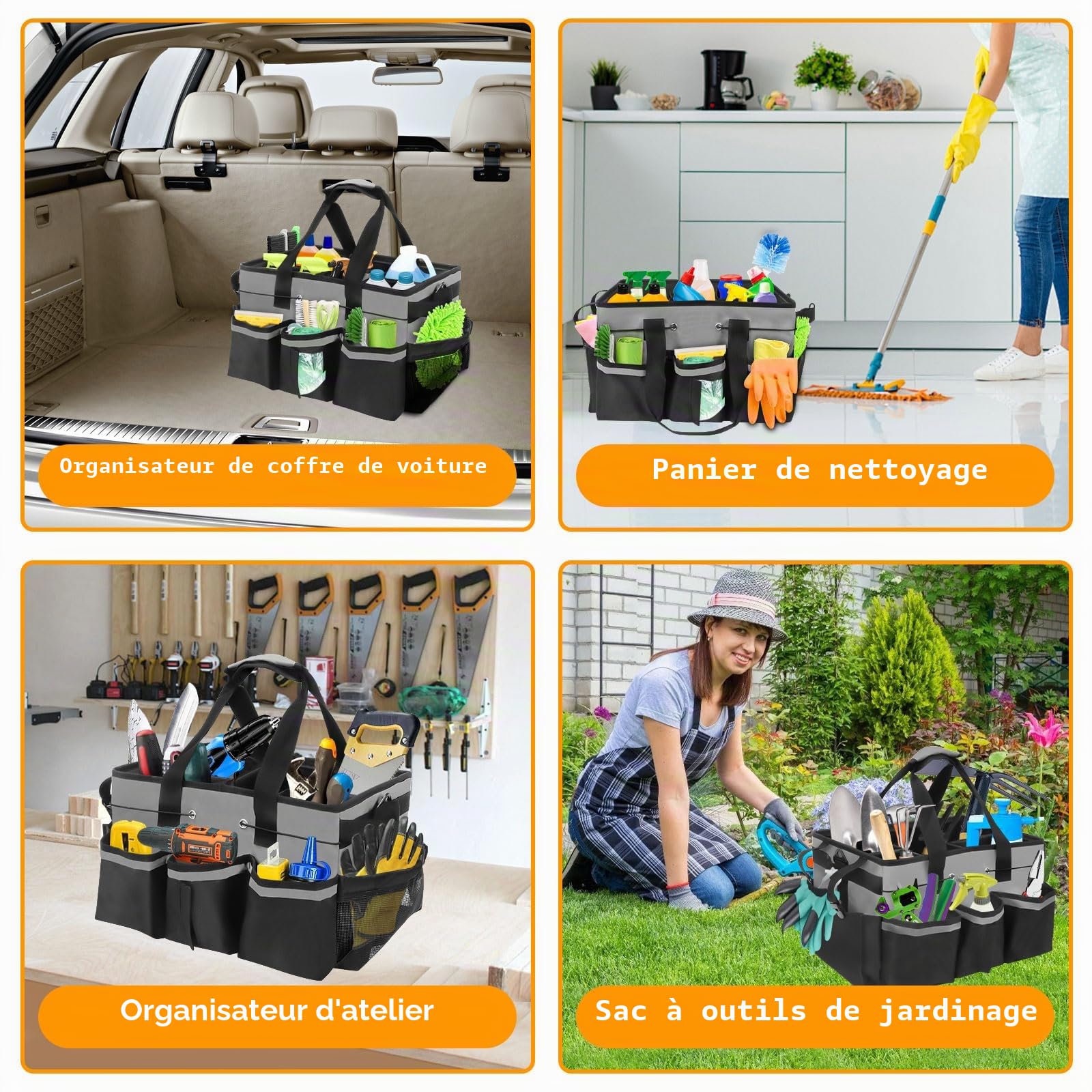 Panier de Nettoyage avec Poignée, Rangement Produits Menagers, Sac de Nettoyage Portable avec 5 Poches, Organiseur de Fournitures de Nettoyage avec Bandoulière Réglable, Pour La Maison La Voiture