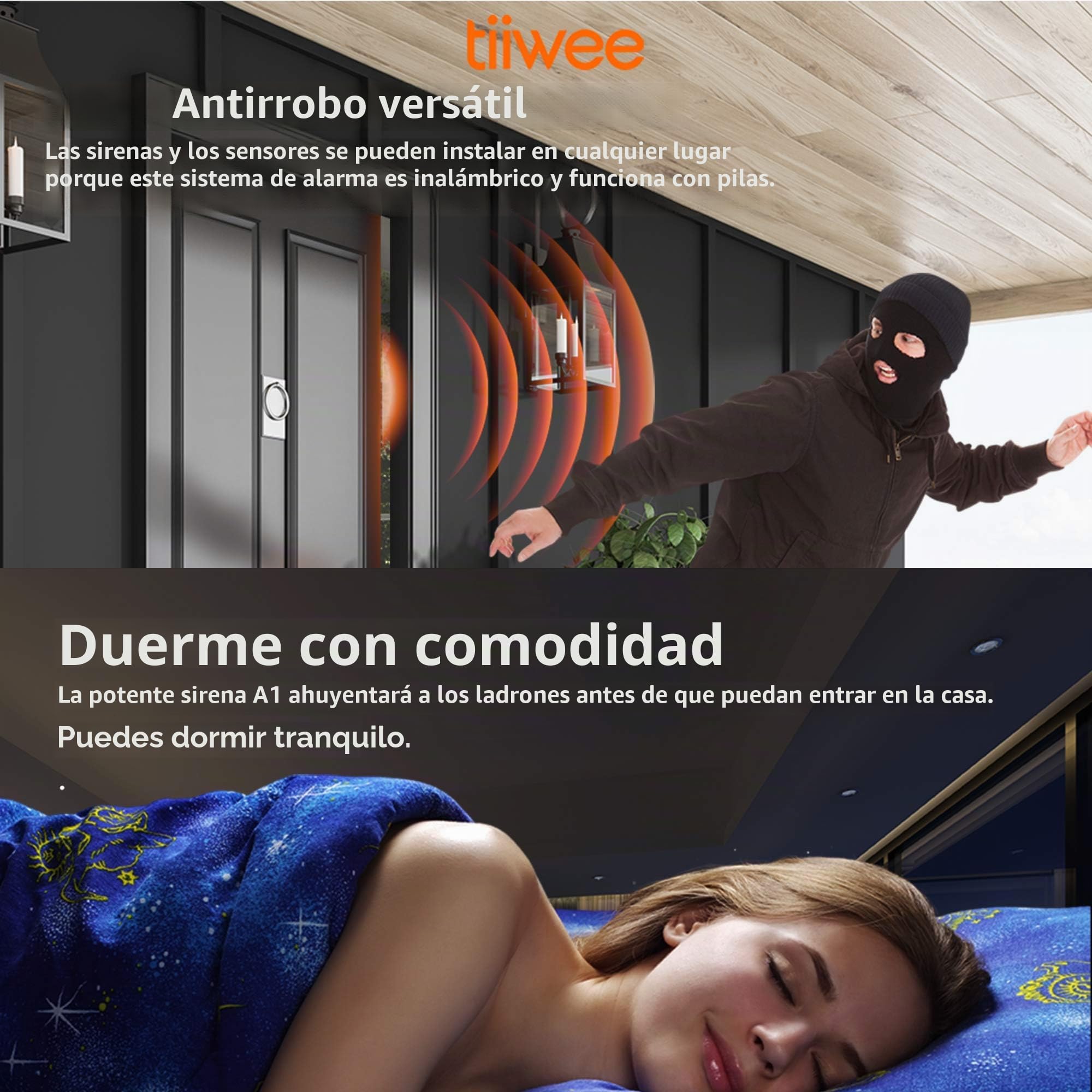 tiiwee X1 Sistema de Alarma para el Hogar - Inalámbrico - Sirena de 120 dB, 2 Sensores de Puerta y Ventana, 2 Controles Remotos y 1 Detector de Movimiento