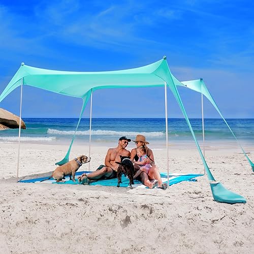 Vista 2 de SUN NINJA Beach Tent Sun Shelter UPF50+ - Easy Pop Up Beach Canopy - Outdoor Shade for Camping Trips, Fishing, Backyard Fun Picnics - Sand Shovel