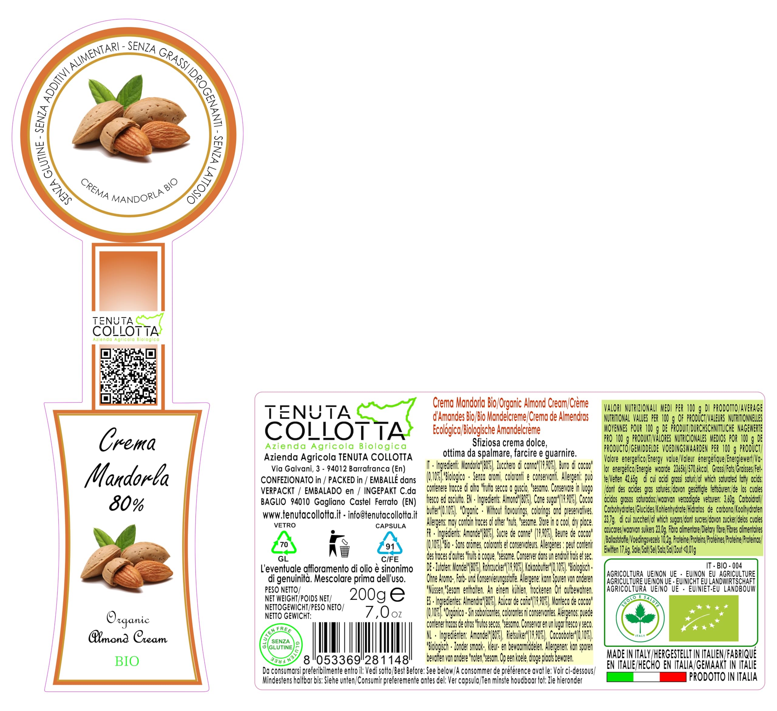 Tenuta Collotta® - Crème d'Amande Bio g 200-100% Italien - Produit en Sicile