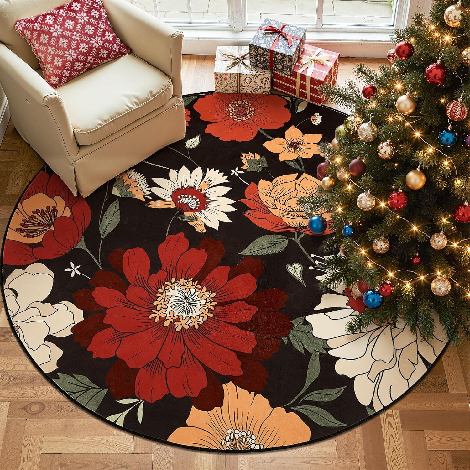 jinchan Lora Black Round Rug 8ft Vintage Floral Area Rugs for Living Room - Washable Rug Soft Non-Slip Indoor Boho Flower Print Circle 8' Round Accent Christmas Carpet for Bedroom Home Office 8' (Round) Bloom Black