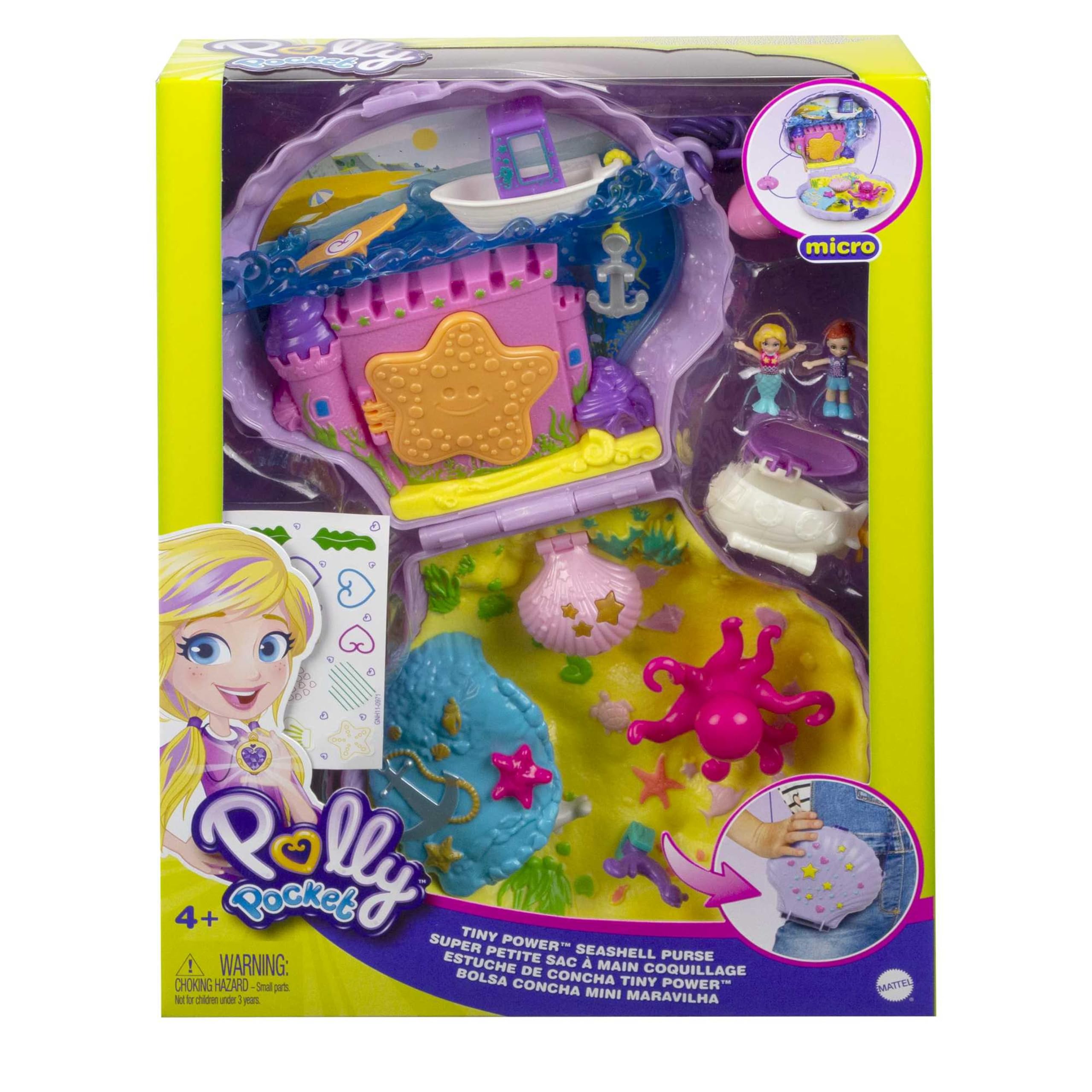 Polly Pocket Schatulle, Muschel Tasche zum Umhängen in Unterwasser Thema, mit 2 Puppen und 1 U-Boot, Polly Pocket Meerjungfrau Spielzeug, Spielzeug ab 4 Jahre, GNH11