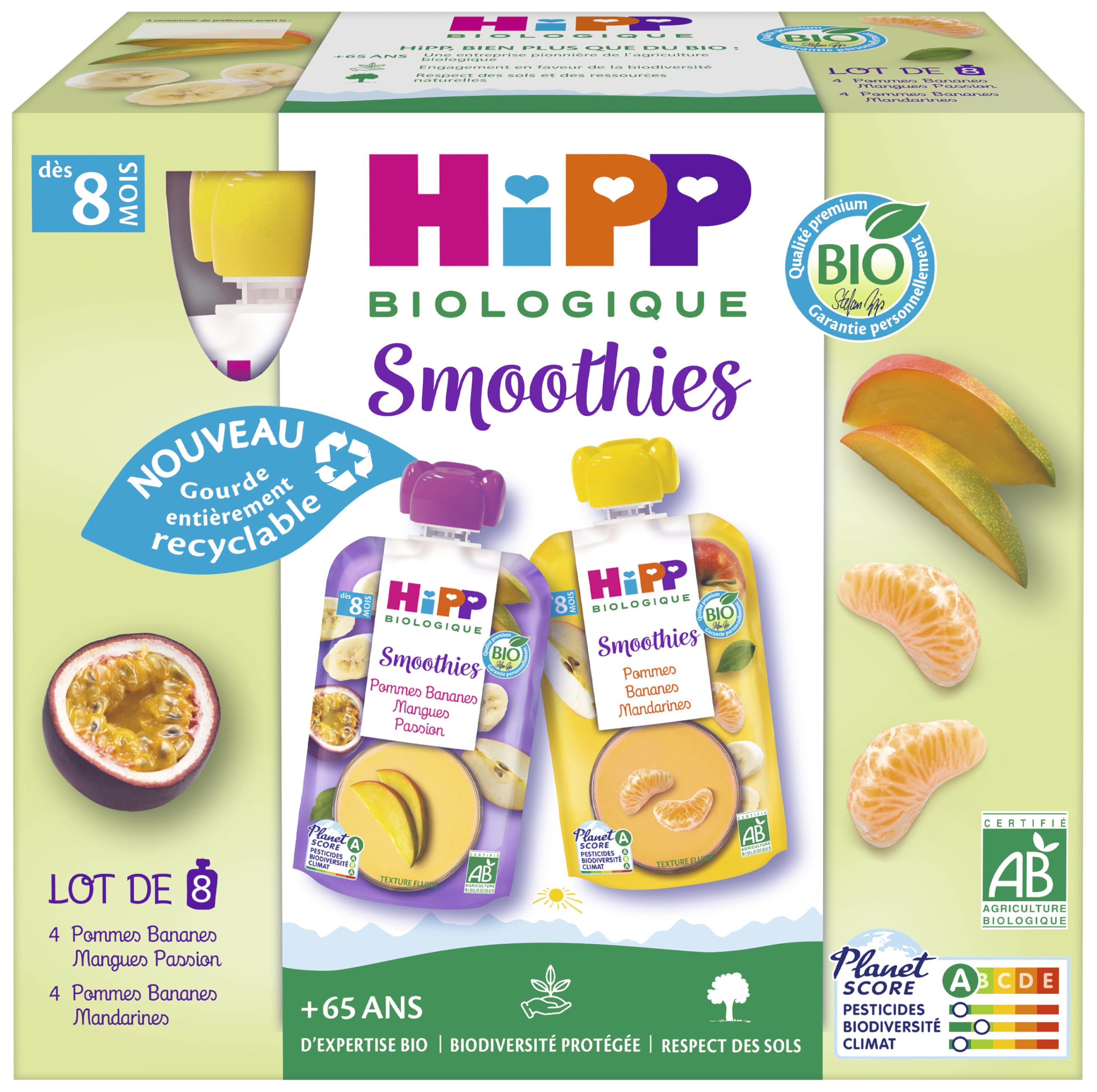HiPP Smoothies Multipack 2 variétés dès 8 Mois Gourdes 8x90g Lot de 4 BIOLOGIQUE