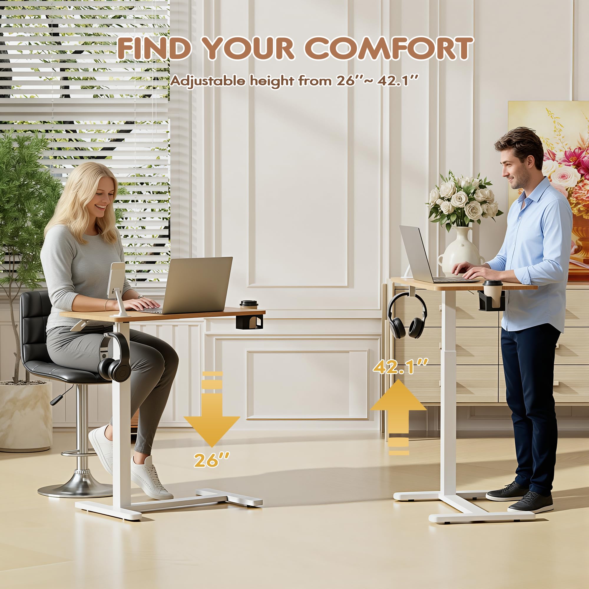 Furmax Mobile Standing Desk with Wheels Pneumatic Adjustable Rolling Computer Desk Laptop Table for Bed Couch Maple Small — view 3