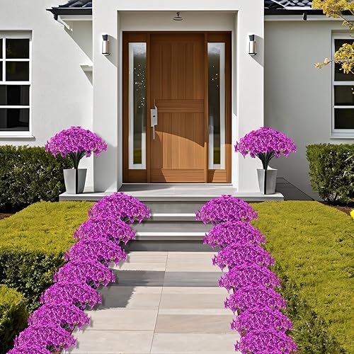 Miniatura 6 de 20 paquetes de flores artificiales para exteriores, resistentes a los rayos UV, flores falsas de verano y otoño, flores de seda sintética moradas