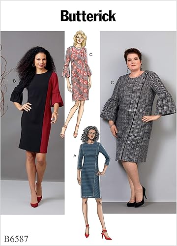 McCall's Patterns BUT 6587 Butterick B6587 8-16 Patrón de costura para mujer, vestido con costura frontal lateral, mangas acampanadas, 3 estilos,