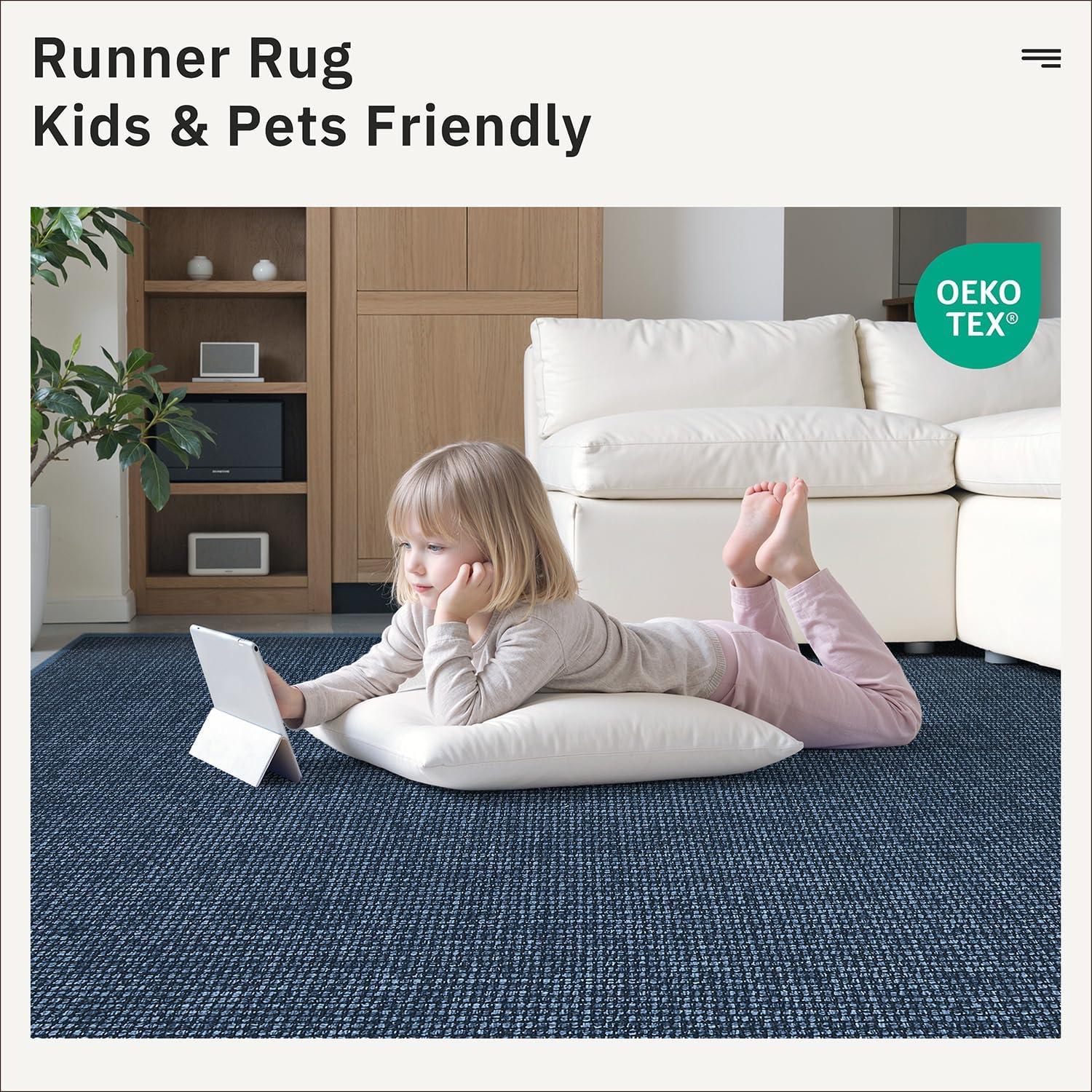 2x8 Runner Rug Non Slip, Washable Runners for Hallways Bedroom, Kitchen Rugs, Navy Blue Floor Carpet with Rubber Backing for Entryway, Bathroom Woven Rug Runner for Bathroom