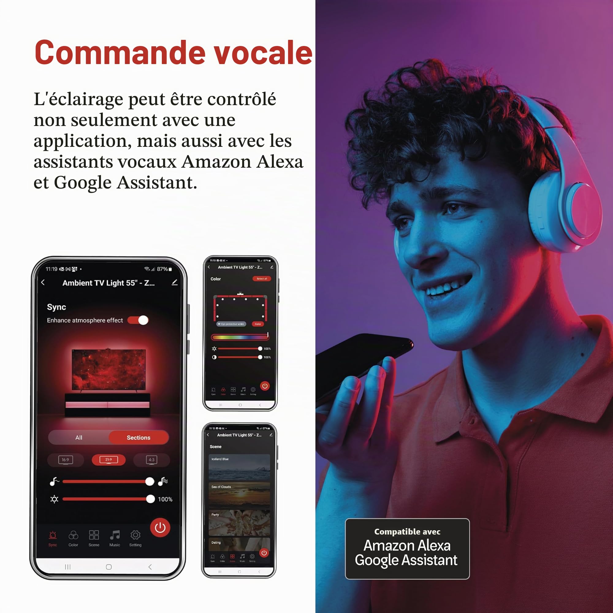 EMOS Rétroéclairage Intelligent pour TV de 55" (139 cm) - Tubes Lumineux LED RGBIC Amovibles pour téléviseur, avec Appareil Photo - Luminosité 450 LM - Connectivité WiFi, contrôle par Application,