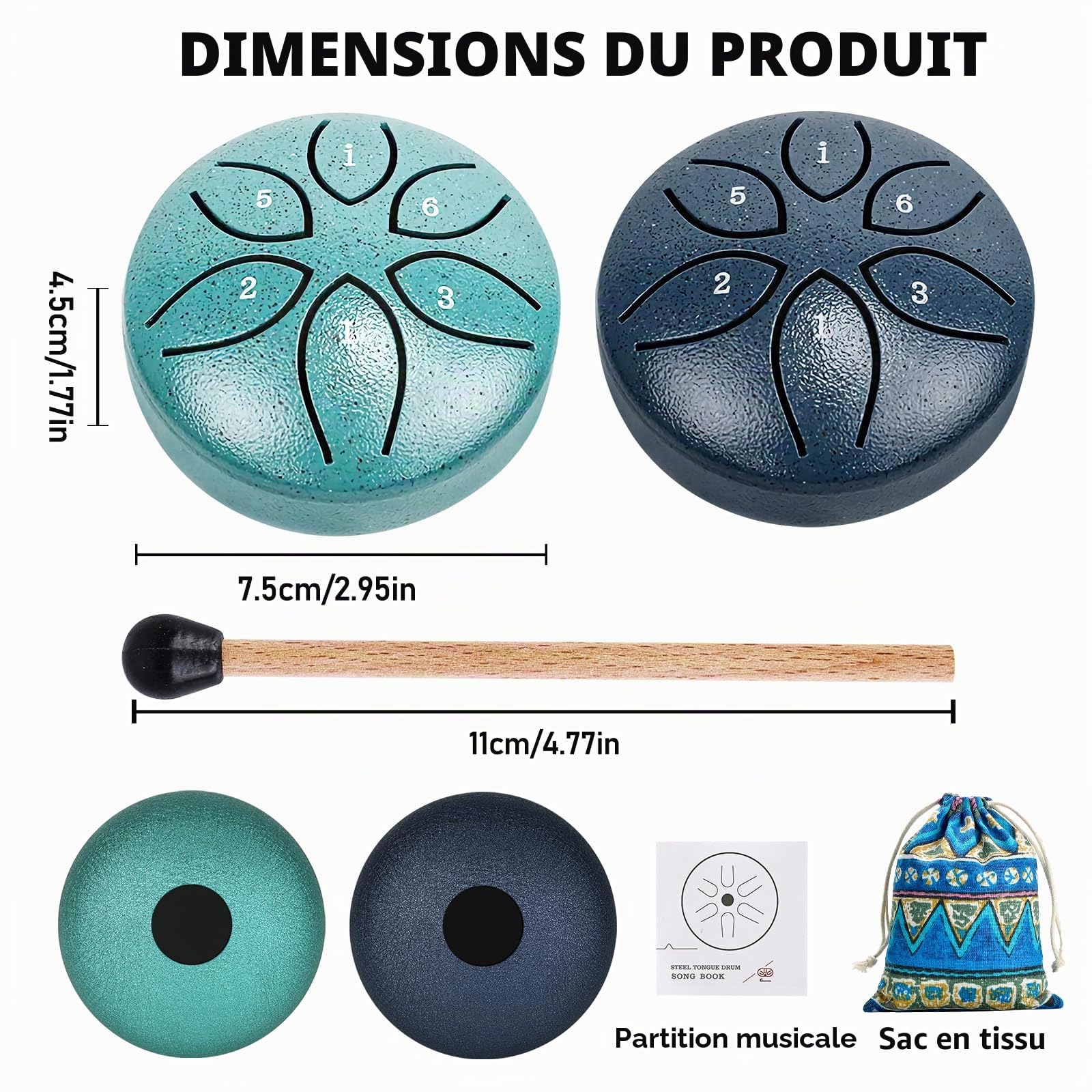 Lot de 2 mini tambours à langue en acier - 6 tons - 6 tons - Avec maillets - Pour concert, méditation, yoga, guérison par le son - Pour adultes