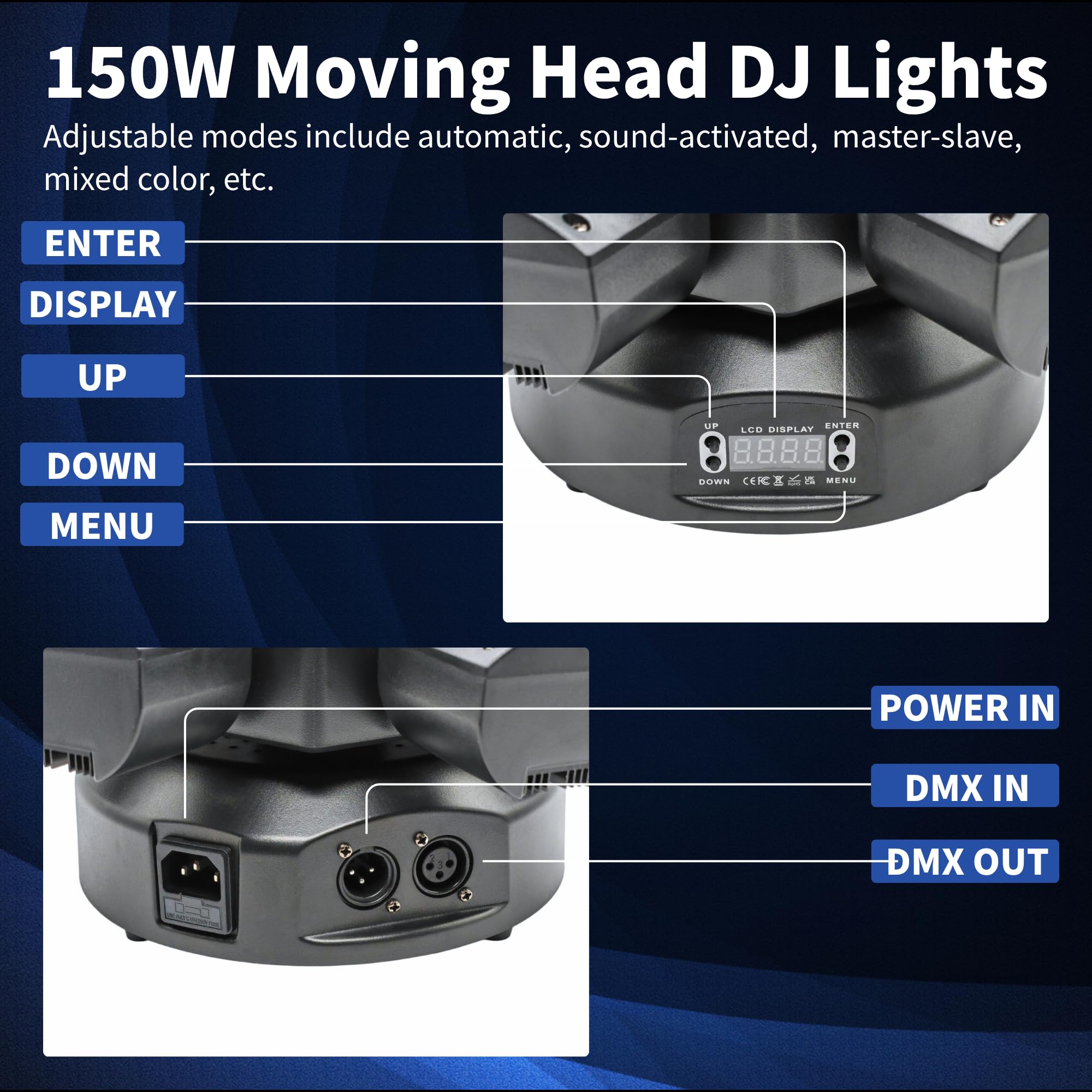 Luci DJ a testa mobile da 150 W, luce LED RGBW 4 in 1 con fascio a 6 bracci, effetto occhi d'api, stelle rosse e verdi, stroboscopiche bianche e ambrate, banda magica 23 RGB per feste, discoteca, KTV