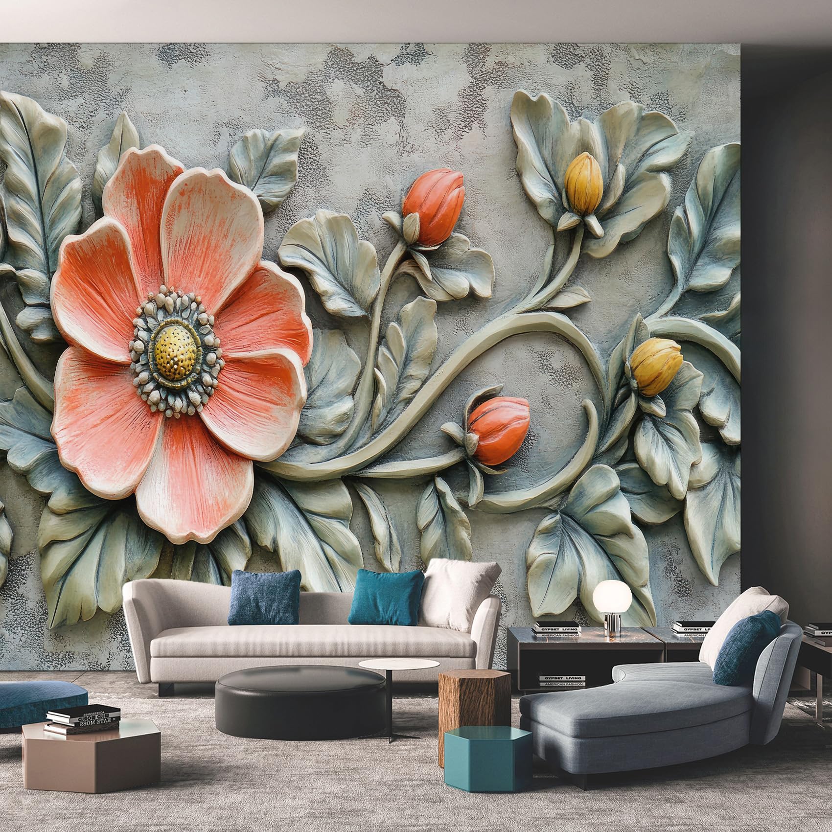 Relief Floral Wallpaper, Leaf Botanical Wallpaper for Living Room, Bedroom, Non-Woven Decor Wall Paper, Photo Dining Room, Hallway, Lounge, Mural Large 3D Home Decor 400 x 280 cm BVHYU119
