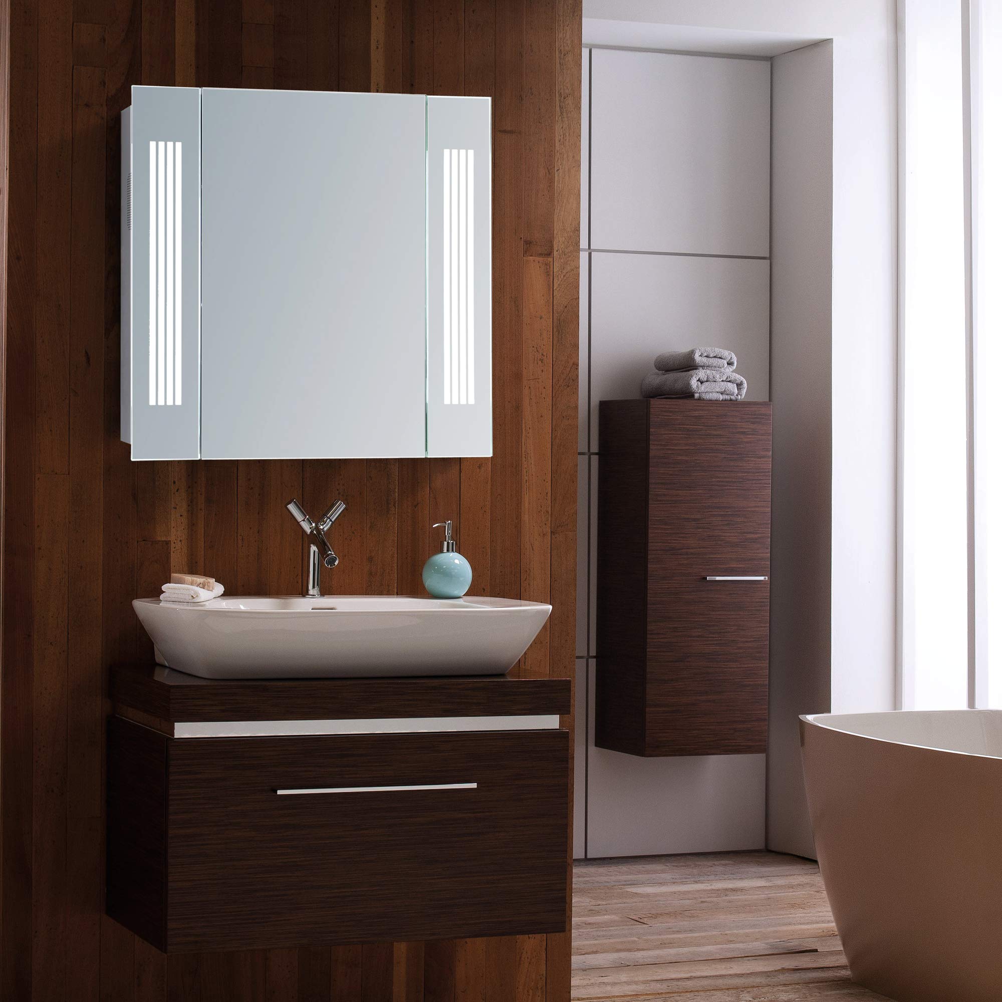 Neue Design Mood LED Illuminated Bathroom Mirror With Bluetooth Speakers, Shaver Socket