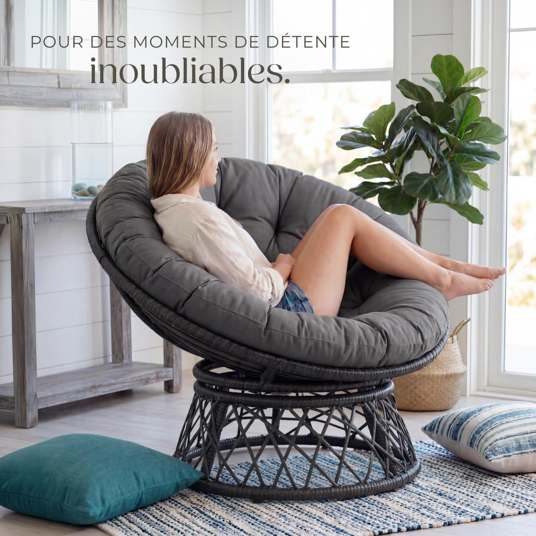 tectake® Fauteuil Papasan en Rotin Chaise Relax Ronde Résine Tressée 1 Place Pivotant à 360°, Coussin Épais Grand Confort Inclus, Mobilier de Jardin pour Amenagement Balcon Terrasse Salon de Jardin