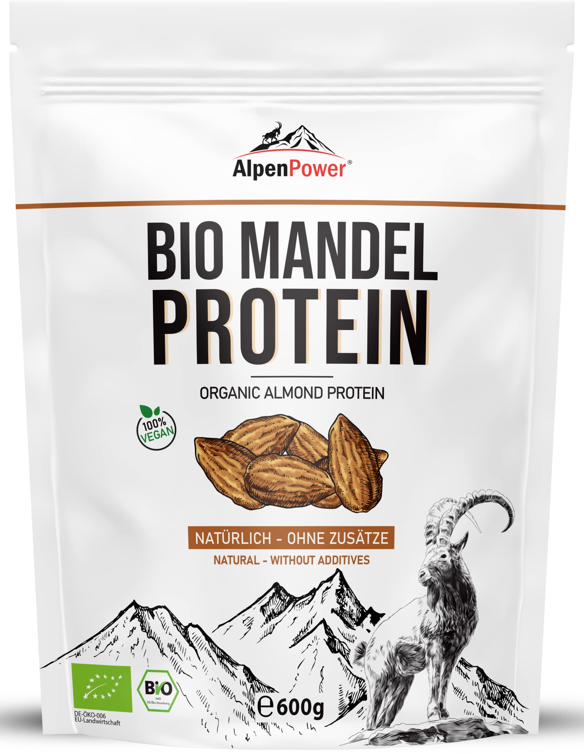 AlpenPower BIO Mandelprotein-Pulver Vegan 600 g I 50% Eiweißgehalt I Glutenfrei I Reich an Calcium & Vitaminen I Natur pur - 100% Bio-Mandeln