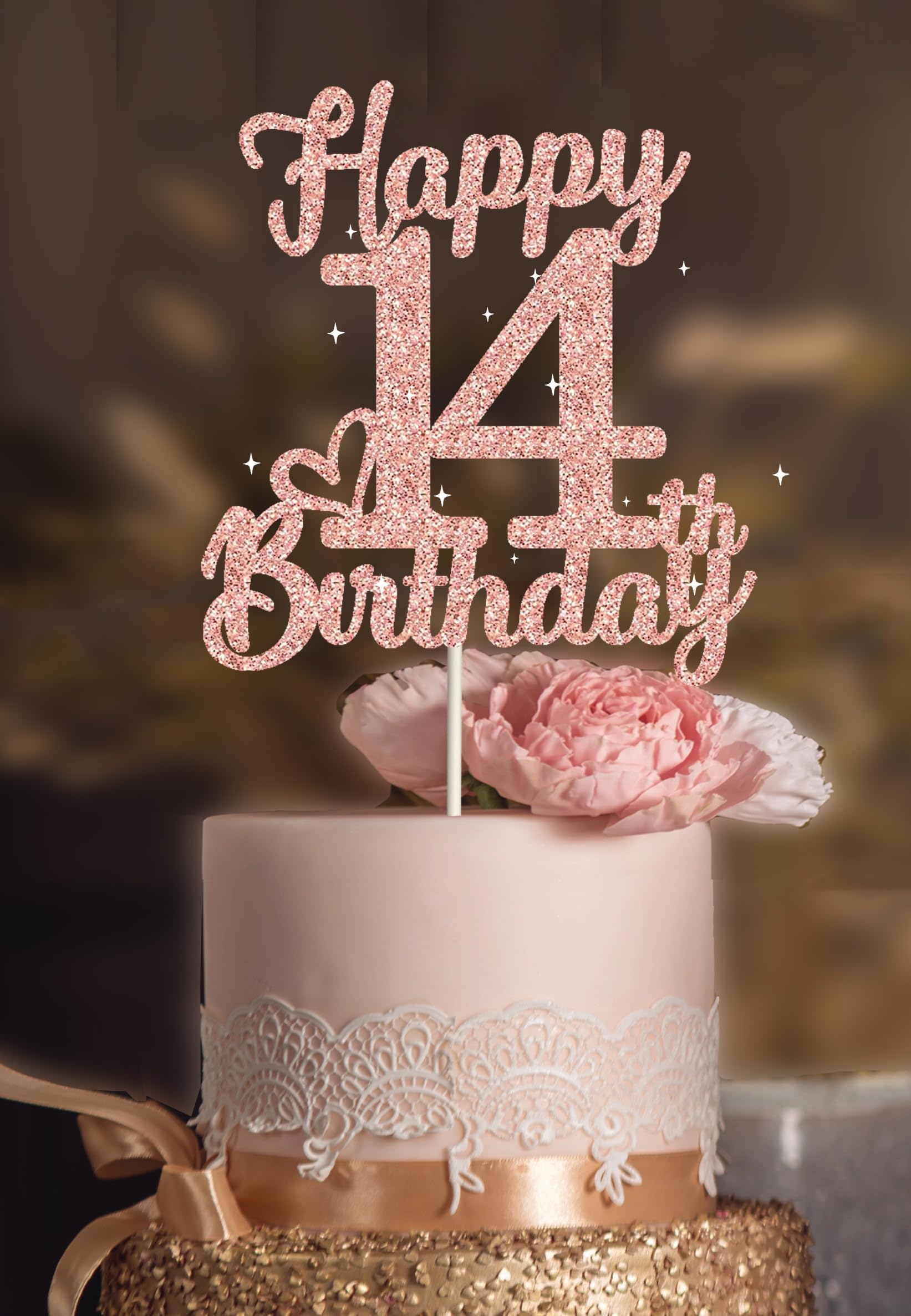14th Birthday Cake Topper - Double Sided Rose Rose Gold Glitter, Happy 14th birthday Cake Topper for girls,14 Cake Topper For girls, 14th birthday