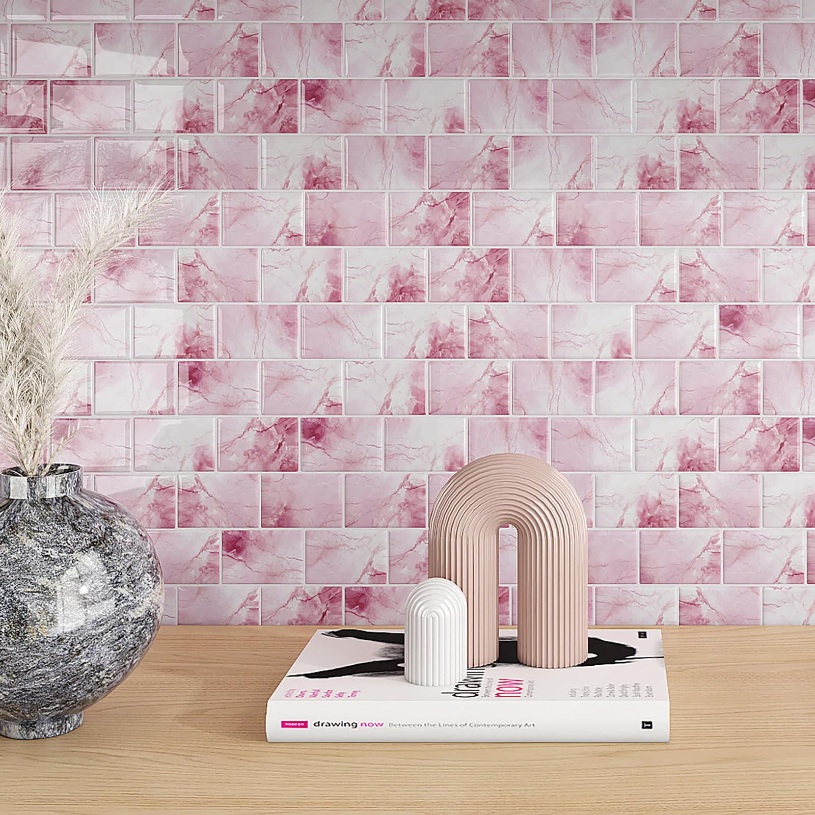Livelynine Paraschizzi Cucina Adesivo 3D Rosa Piastrelle Adesive Bagno Rosa Bianco Effetto Marmo Mattonelle Adesivi Cucina 3D 30x30CM 16 Pezzi Impermeabile Mattonelle Adesive Bagno per Muro Camino