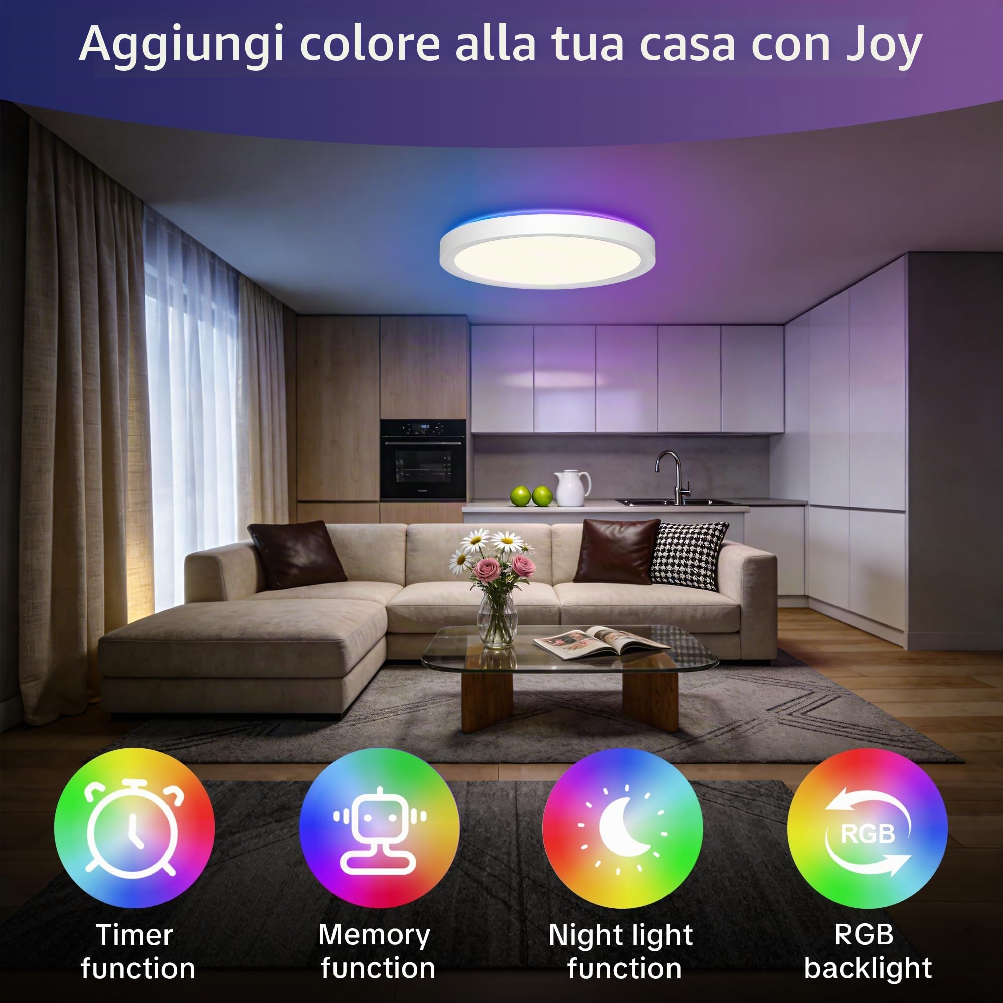 Plafoniera LED dimmerabile, 50 cm, 36 W 3600 lm, cambio colore RGB con telecomando, 2700 K-6500 K. Questa plafoniera piatta è adatta per bagni, camere da letto e soggiorni (Rotonda)