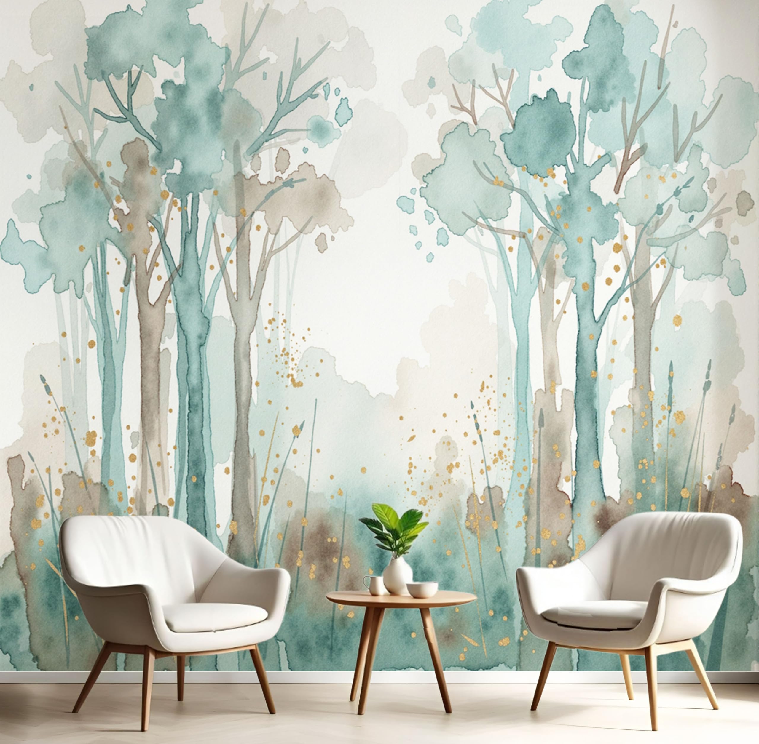 Papier Peint Forêt Abstraite Aquarelle bleu, poster panoramique 3D pour grand mur