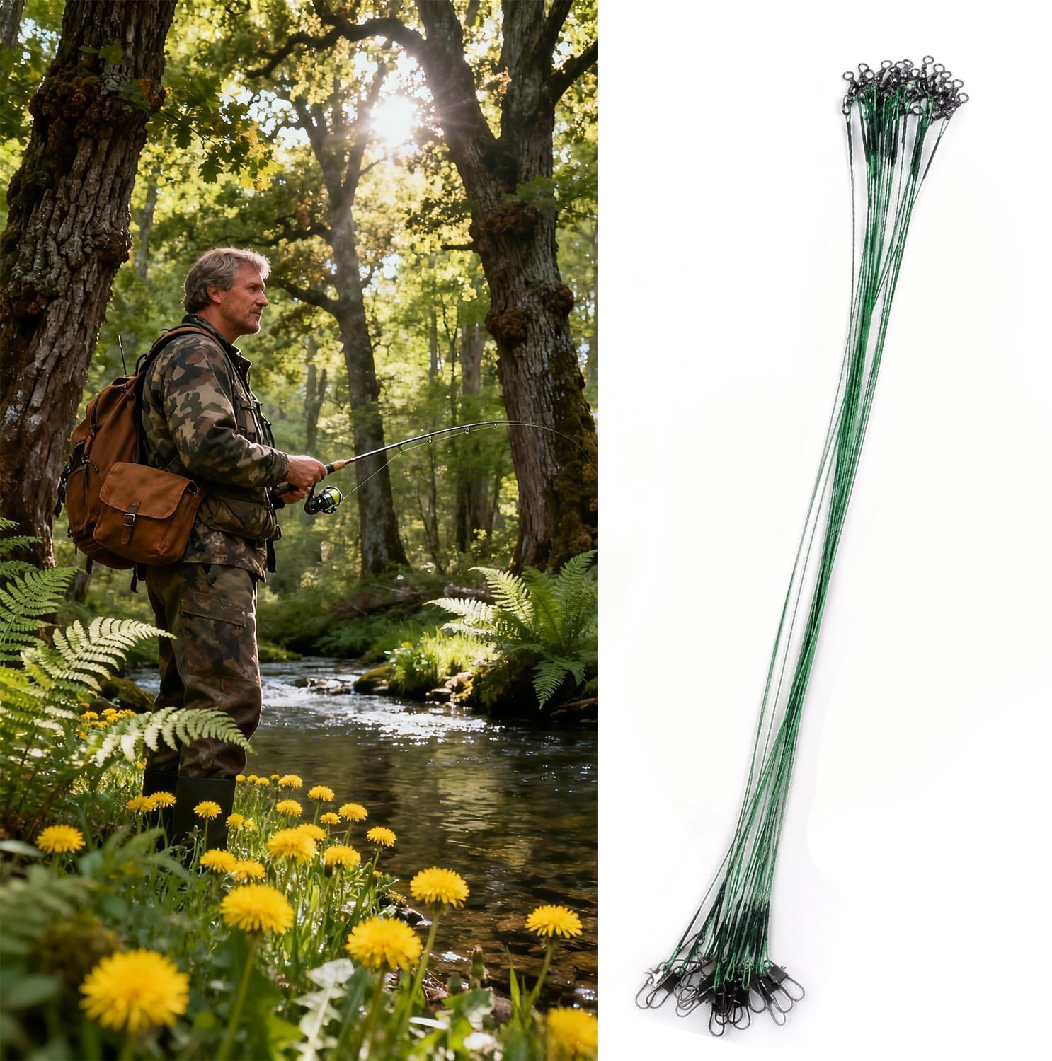 KIMHOME Ganchos de pesca verdes de 20 cm con líder (prueba de 22,7 kg), paquete de 20 alambres resistentes antimordida, acero al carbono resistente a la corrosión, afilados para lucio, peces