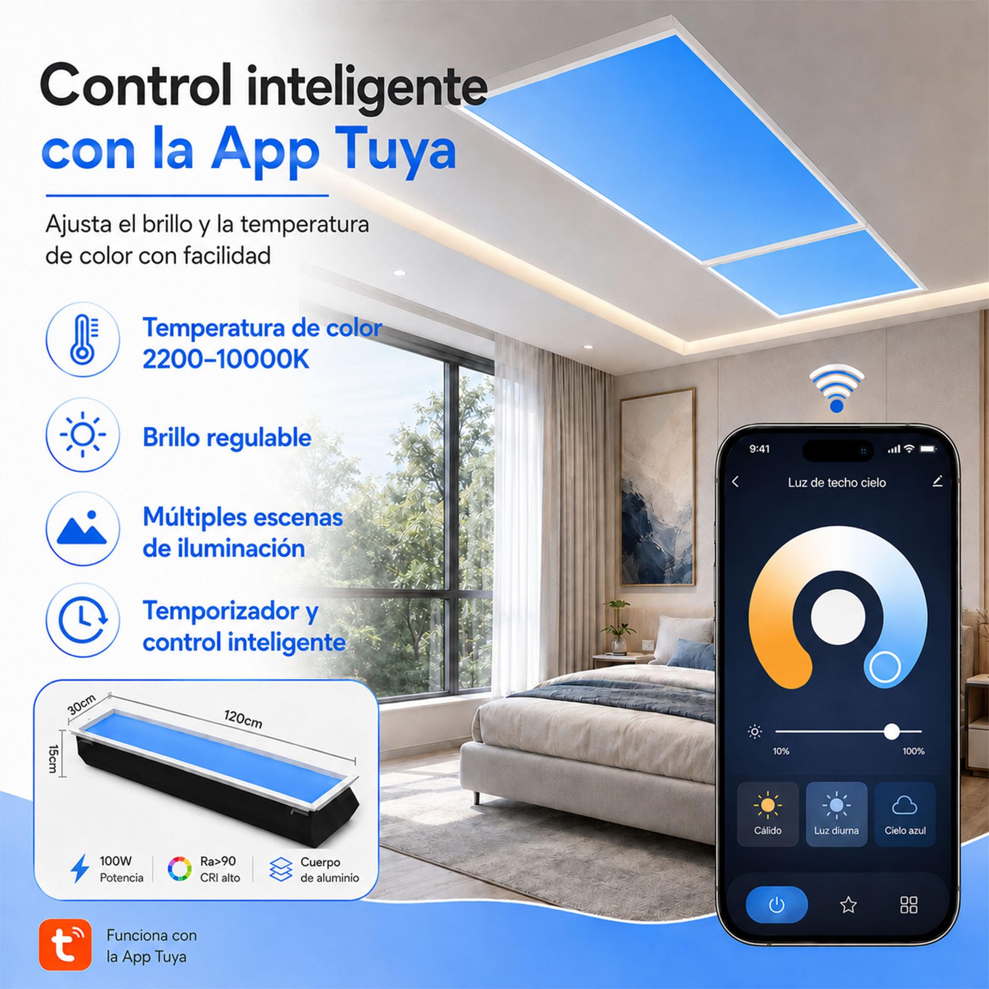 Plafon LED Techo Cielo Azul, Tragaluz Tuya 2200-10000K | Efecto cielo realista, Luz natural suave, Para sótano baño pasillo, Instalación empotrable, 5 tamaños: 30x30 a 60x120cm