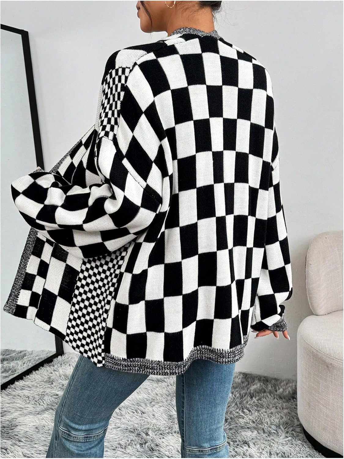 MakeMeChic Women's Checkered Plaid Cardigan Sweater Long Sleeve Open Front Oversized Cardigans - Image 2