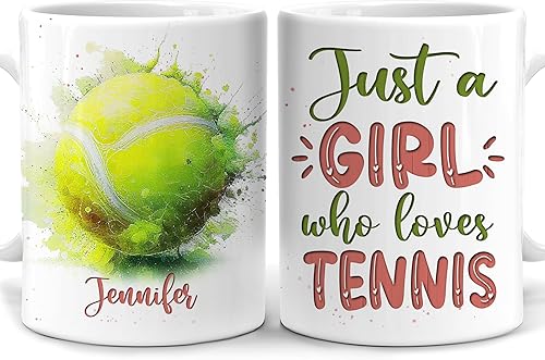 Hyturtle Regalos personalizados para amantes del tenis Just A Girl Who Loves Tennis Name Taza de café de cerámica de 11 oz Idea de regalo