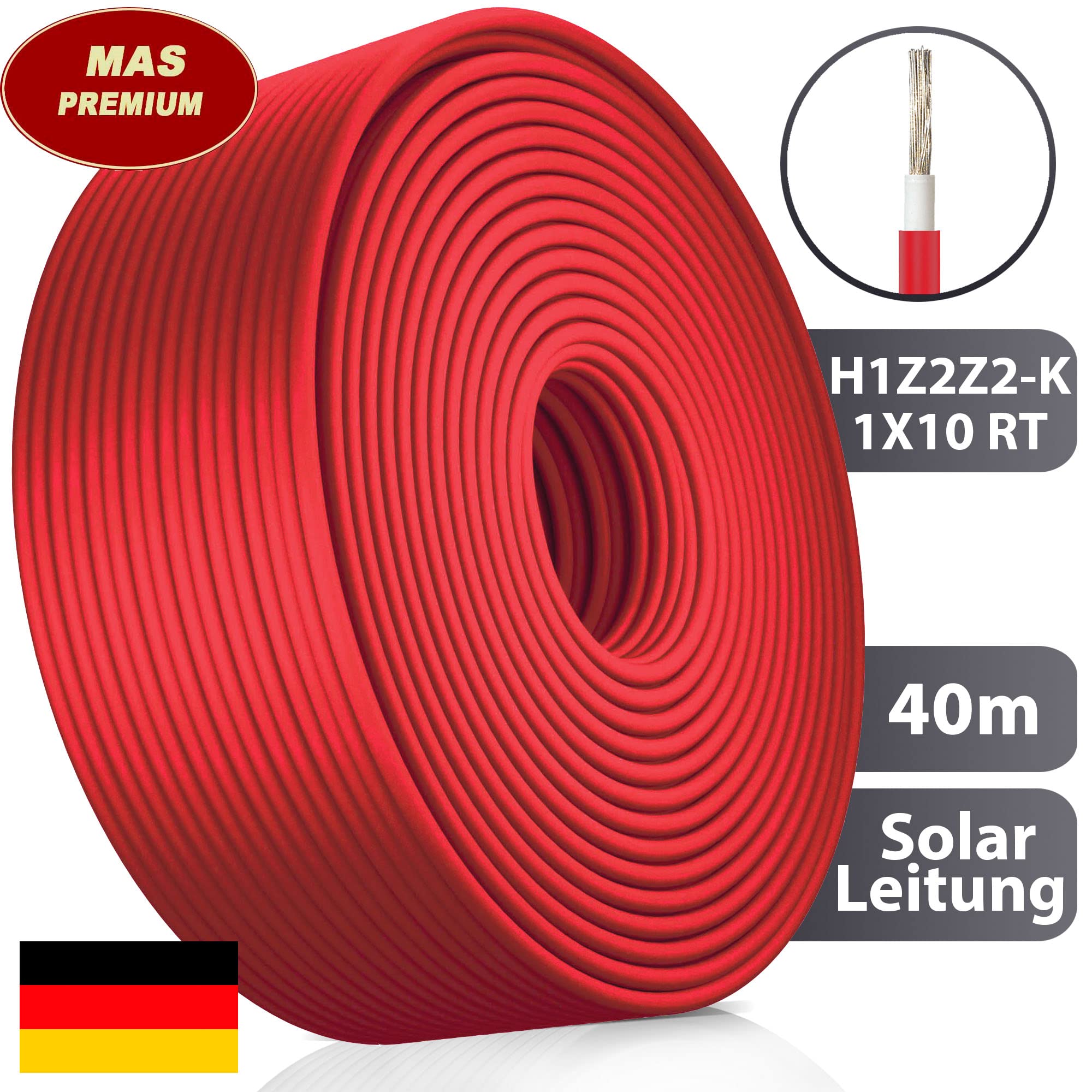 Przewód solarny H1Z2Z2-K 4, 6 lub 10 mm², kabel solarny od 5 do 200 m, czarny, czerwony lub niebieski, układany w ziemi, pojedyncza rura fotowoltaiczna, bezhalogenowa, podwójna izolacja (H1Z2Z2-K 10,