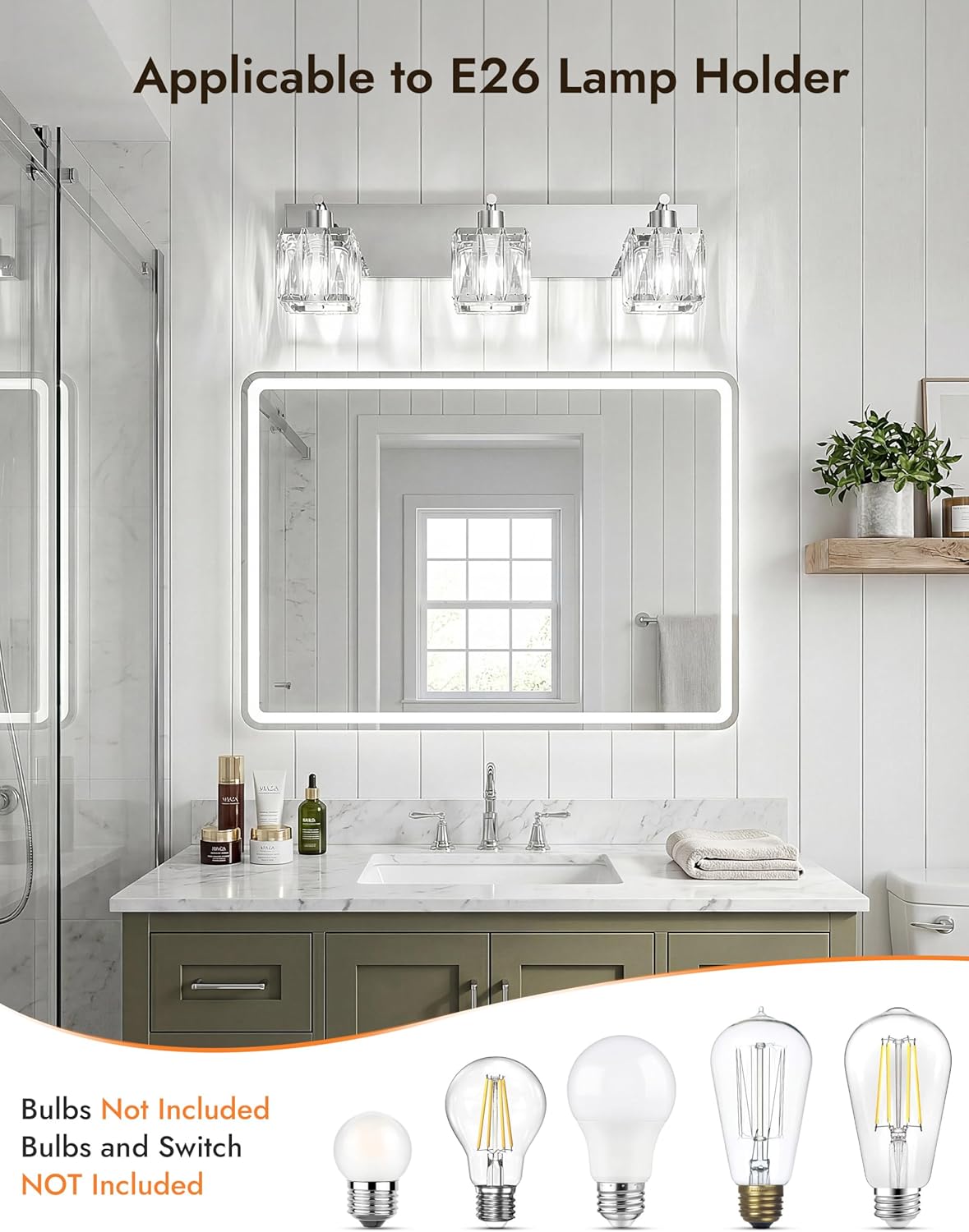 VOLISUN Chrome Bathroom Light Fixtures, Modern Stainless Steel Bathroom Lighting Fixtures Over Mirror, 3 Light Bathrooms Vanity Light, Crystal Vanity Light for Bathrooms-UL Certificated(Exclude Bulb)