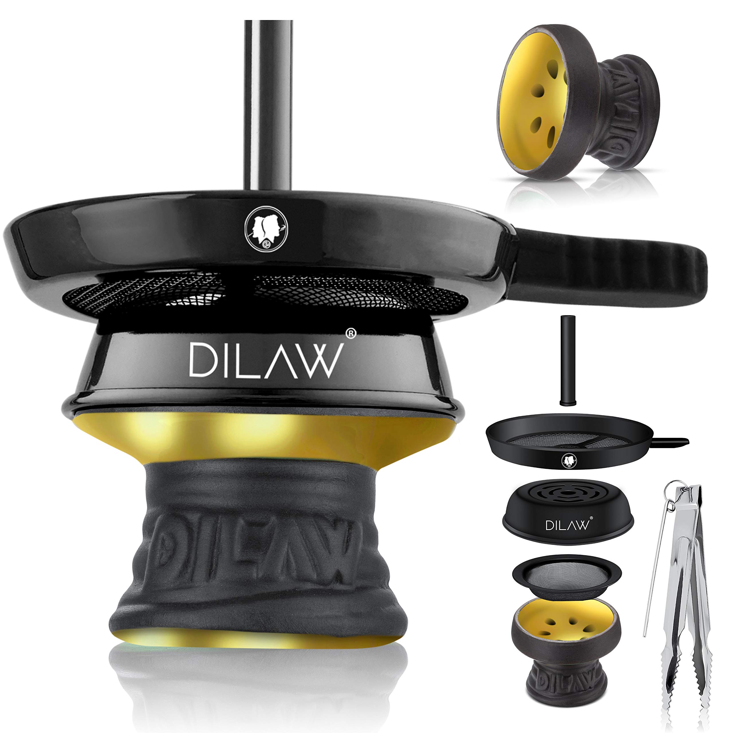 DILAW® Shisha Steinkopf Set Kaminkopf Small Tabaksieb Kohlezange Kaminaufsatz Tabak Kopf, Gold