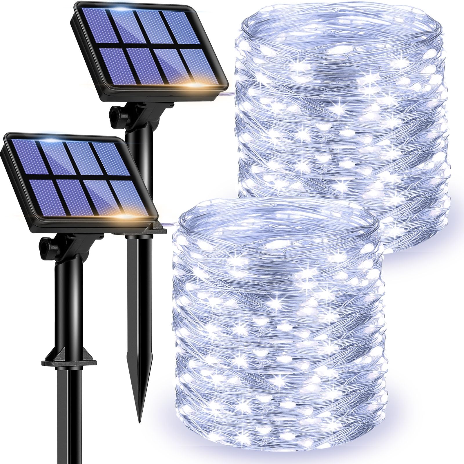 litogo [2 Pack Guirnaldas Luces Exterior Solar, Luces Led Solares Exteriores Jardin 12m 120 LED 8 Modos Cadena de Luces Decoracion para Navidad, Terraza, Fiestas, Bodas, Patio, Jardines（Blanco Frio）