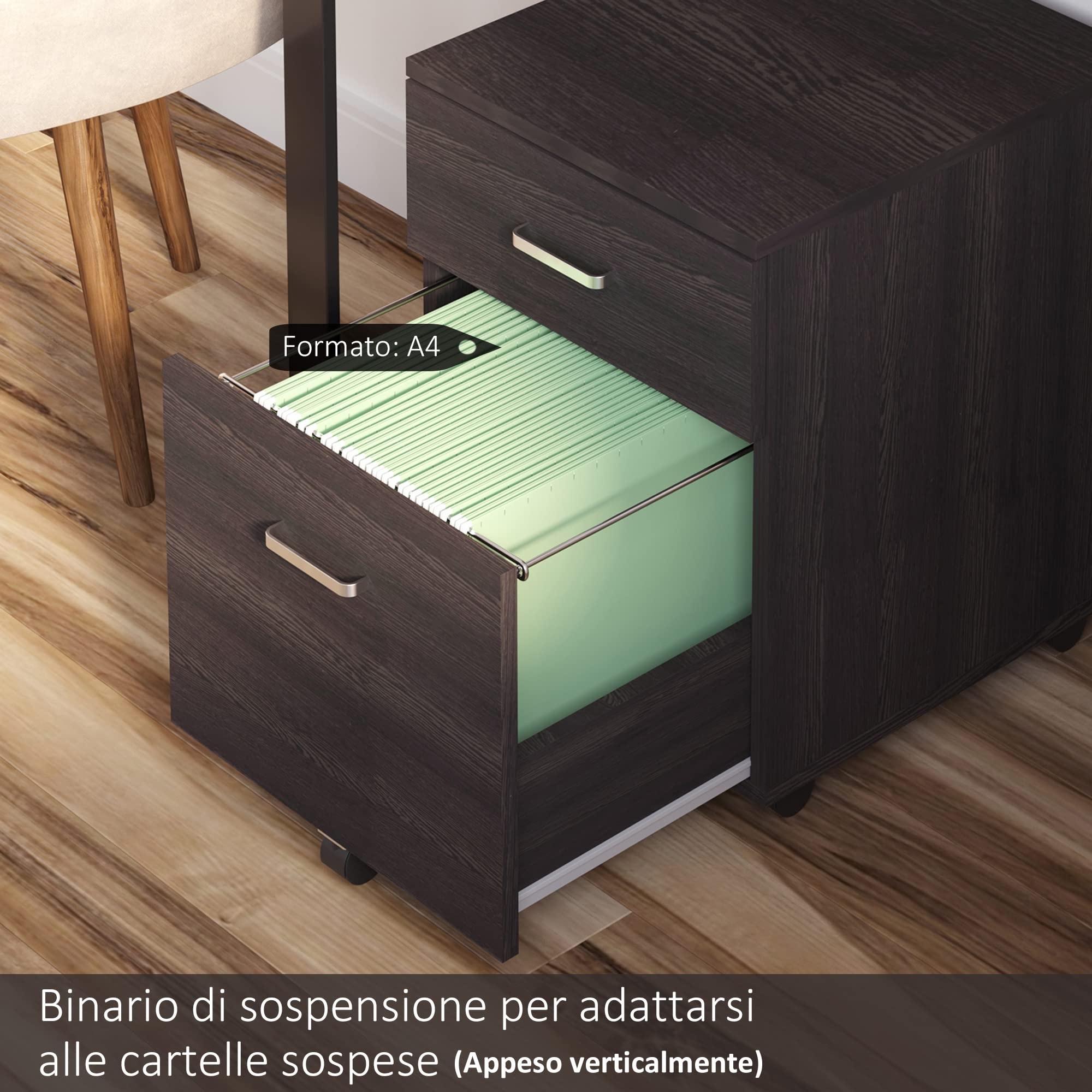 Vinsetto Schedario da Ufficio Cassettiera Per Scrivania in Legno, 2 Cassetti, Serratura con 2 Chiavi, Nero, 40x45x55.6cm