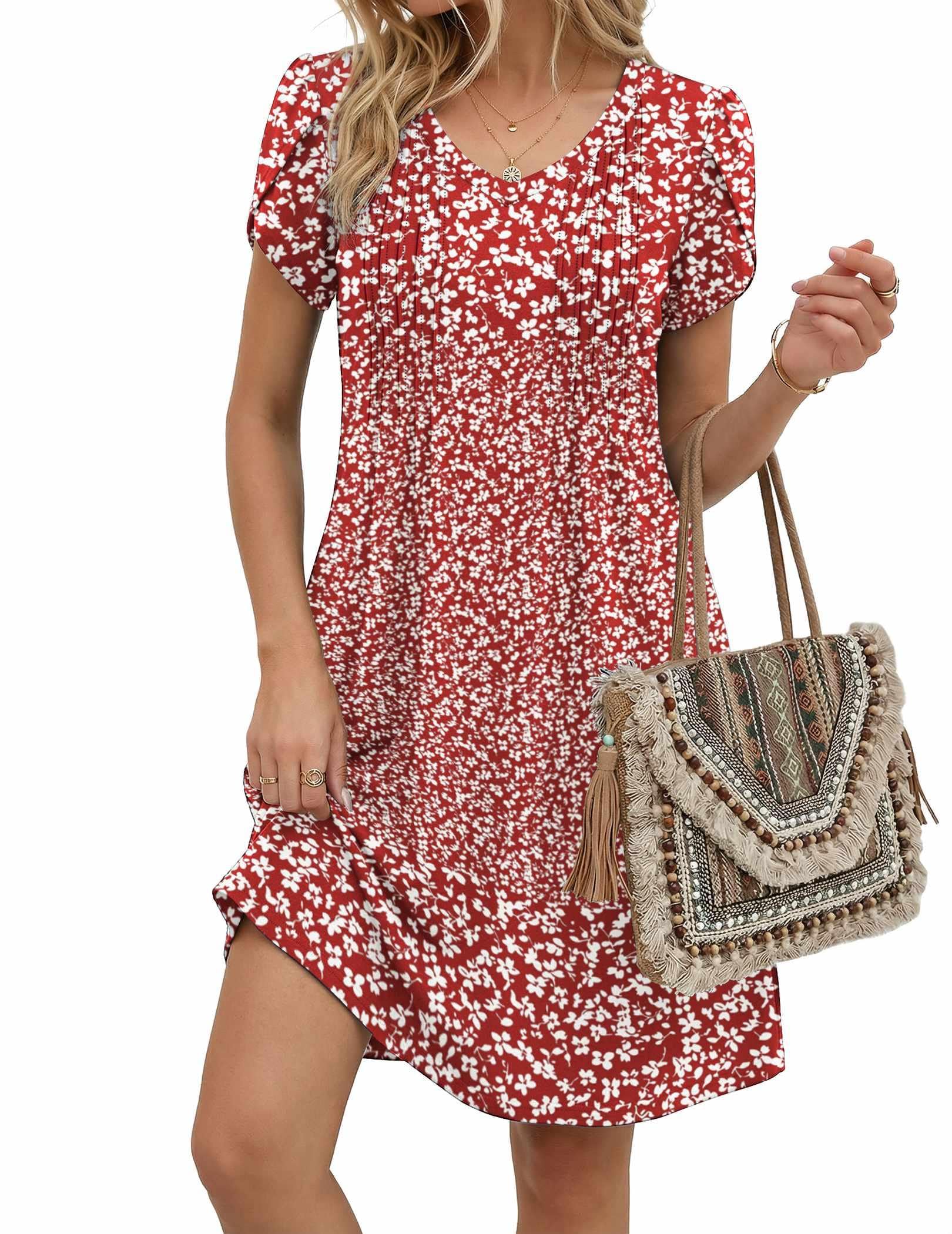 Zeagoo Red Floral Dress for Women Pring Dresses Casual Flowy Sundress 2026 Womens Short Sleeve Summer Dress Flare, Red Floral