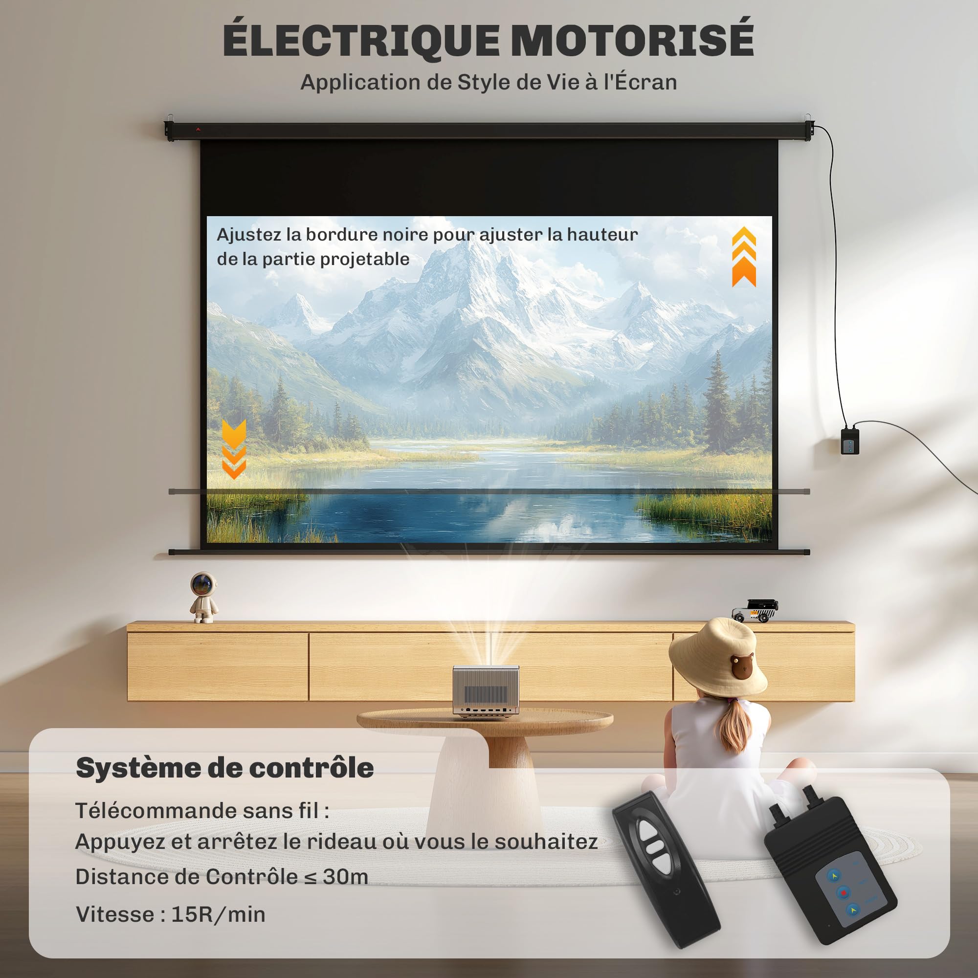 HOMCOM Schermo proiettore da 100 pollici, 16:9 4K HD schermo di Proiezione motorizzato ed elettrico, schermo di Proiezione TV e Home theatre, Montaggio a Parete o Soffitto, Pannello di Controllo e
