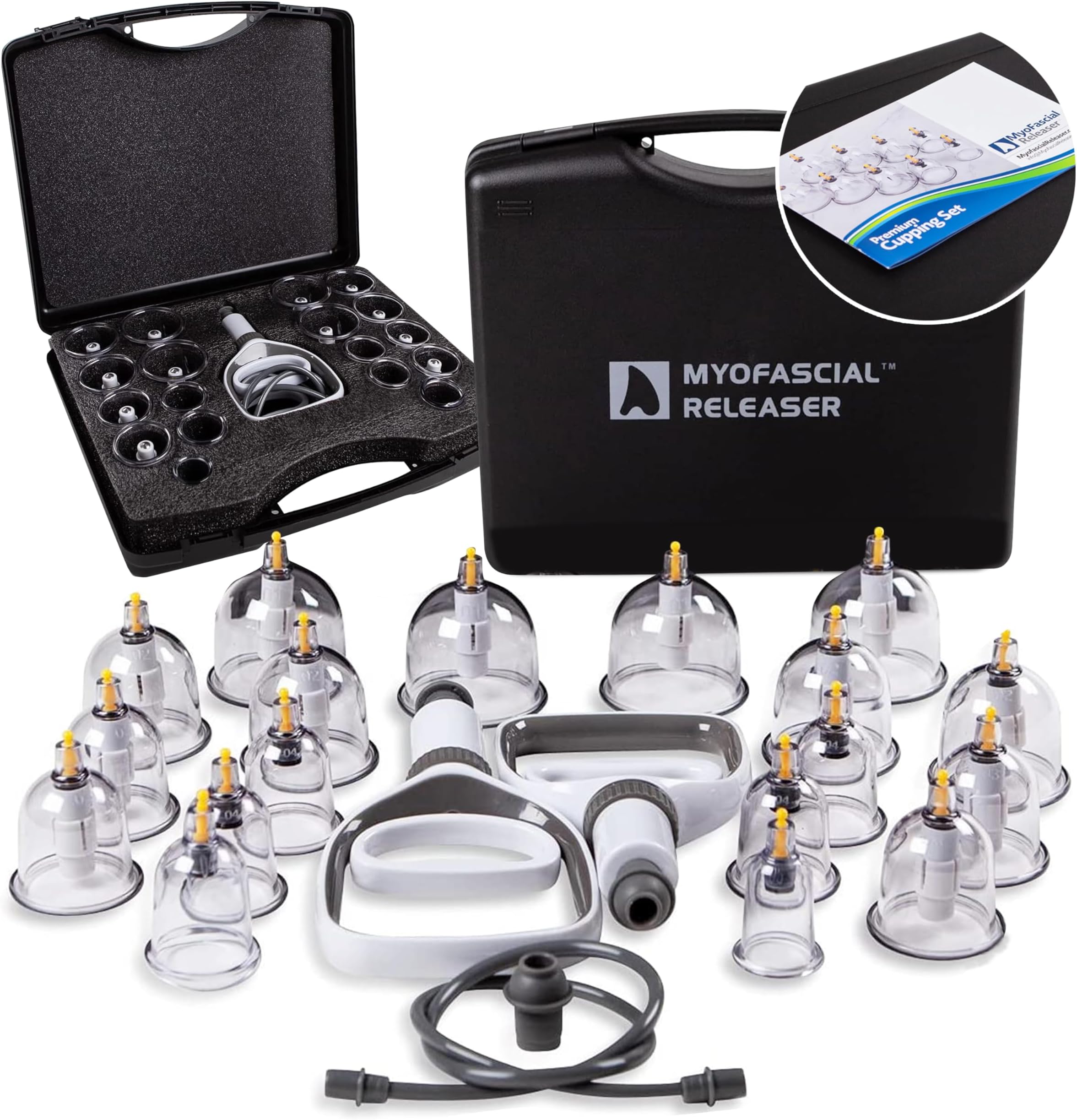 Myofascial Releaser Professional Cupping Therapy Set - 18 Multi-Sized Vacuum Cups with Two Hand Pumps and Detailed Cupping Book - Massage Cupping Set for Massage Therapists