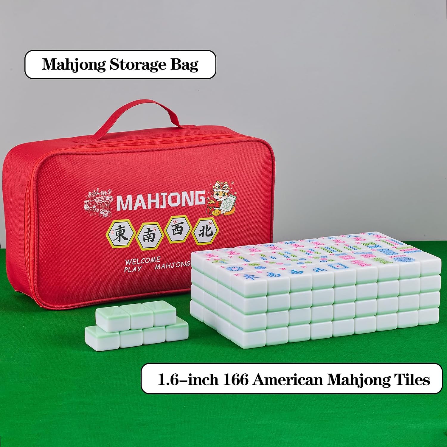 Green American Mahjong Set 1.6-inch Mahjong Tile Set 166 Pieces Large American Mahjong Tile Set with Storage Bag