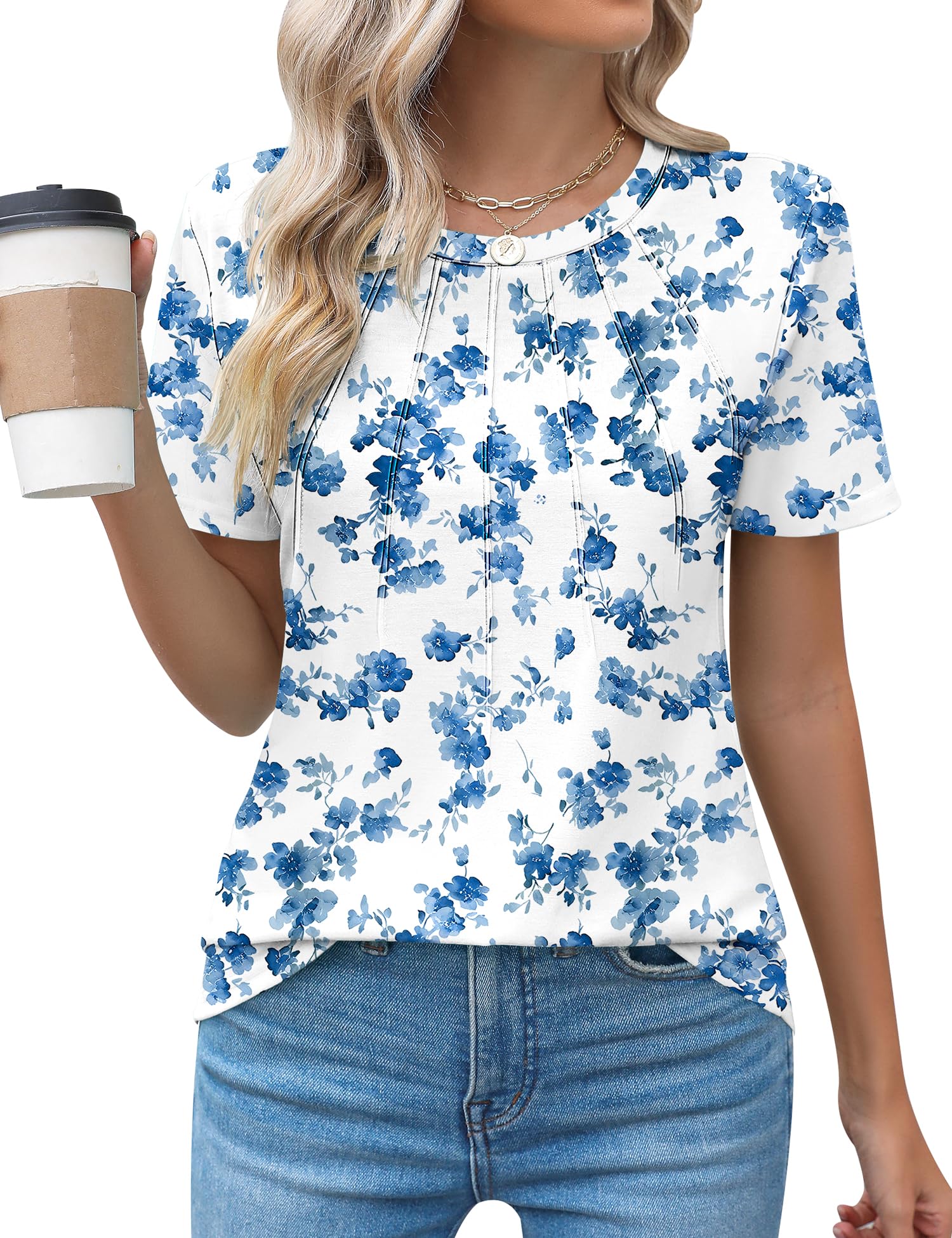 Kistore Womens Casual Crew Neck Short Sleeve Pleated Tops Blouses Fashion Clothes 2025