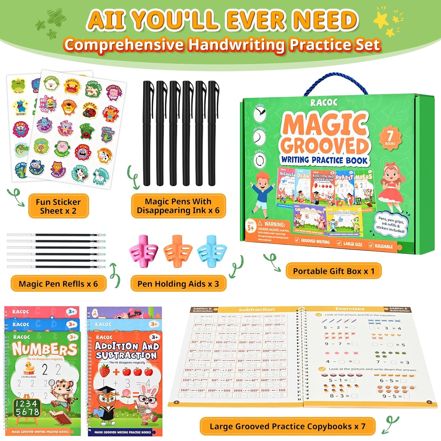 Magic Grooved Writing Practice for Kids, 7 Pack Reusable Grooved Handwriting Workbooks 6 Pens and 6 Refills for Ages 3-5 Kids, Large Writing Practice Books for Preschool Learning Activities thumbnail