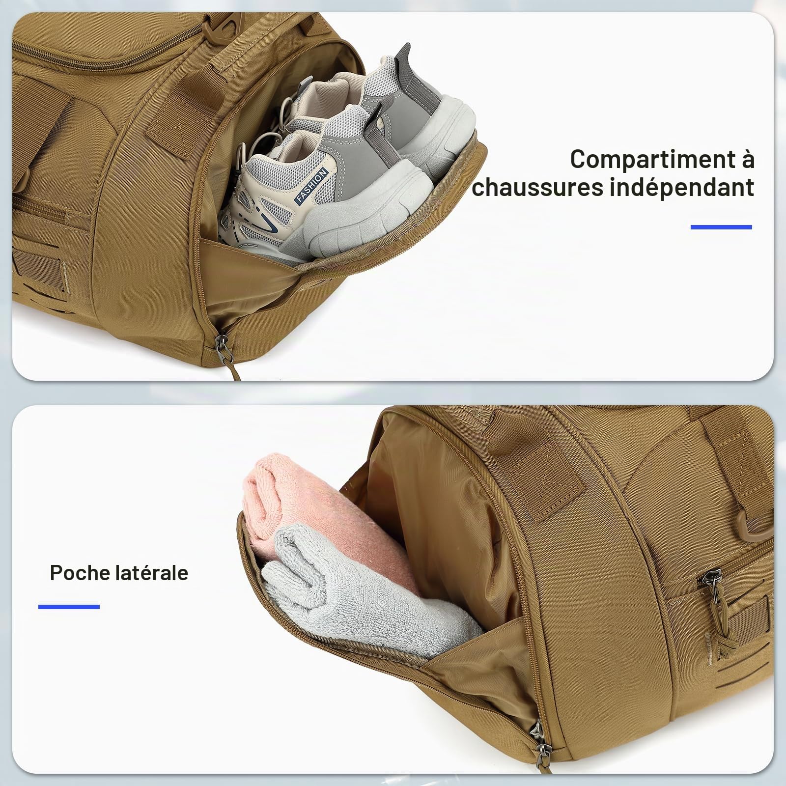 Sac de Sport Tactique pour Homme 45L Sac de Voyage avec Compartiments Chaussures et Ordinateur Portable Taille Moyenne Sac Fitness pour Gym, l'entraînement ou Week-Ends (Marron)