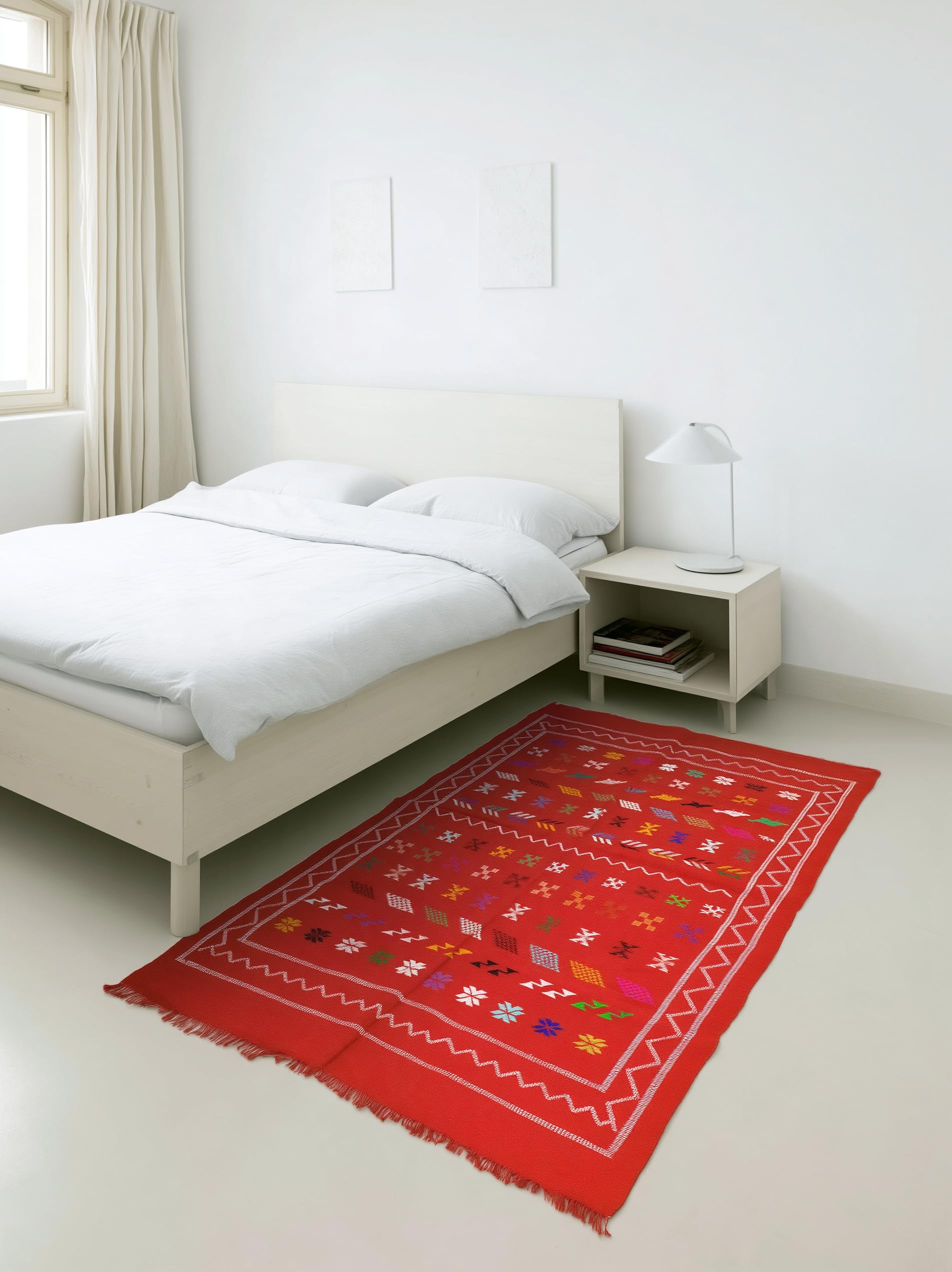 Tapis Berbère Marocain Rouge Vif 2 - Tapis Kilim Tissé Motifs Ethniques Multicolores Bordure Zigzag - Tapis Franges - Style Boho Chic pour Salon