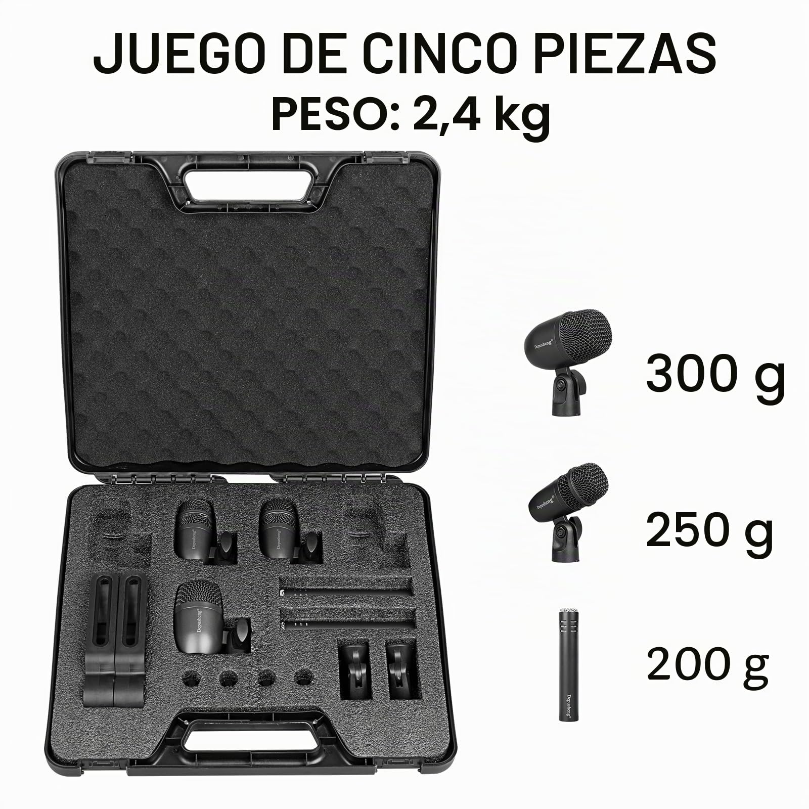 Depusheng Set de micrófono para batería de 5 piezas Con 3 micrófonos dinámicos de percusión y 2 micrófonos de condensador de percusión, Ideal para la grabación de instrumentos y la producción musical