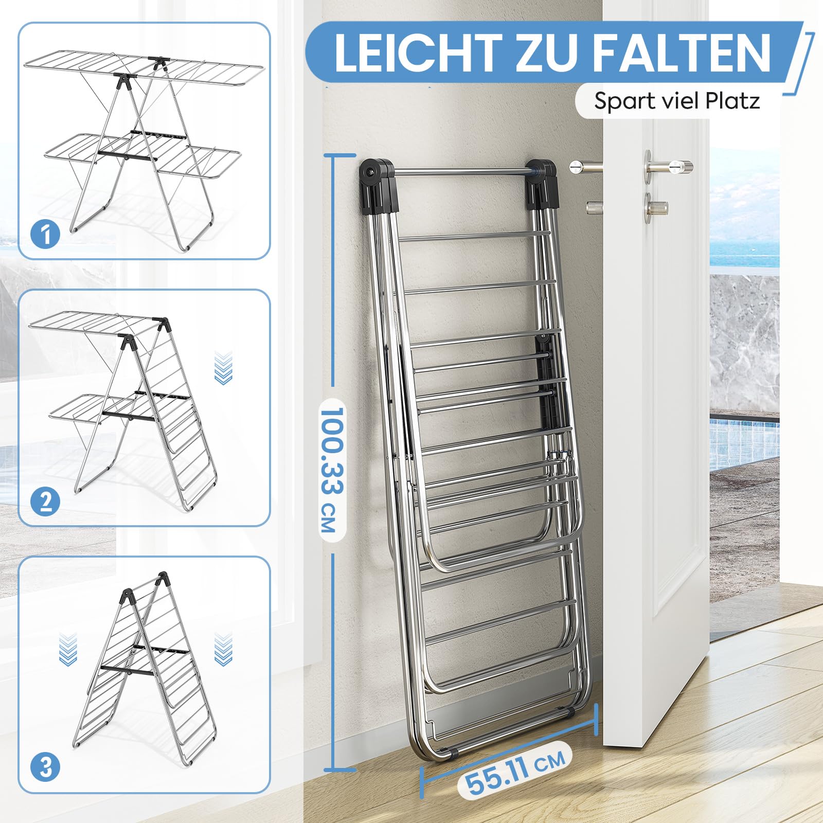 KINGRACK Flügelförmiger Wäscheständer, klappbarer Wäscheständer aus Metall, für den Innen- und Außenbereich geeignet (Schwarz, 4 Flügel)