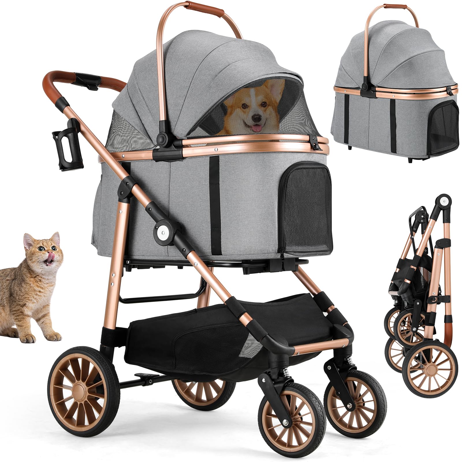 MAMIZO Wózek dla psa, torba transportowa, składany, do 25 kg, wózek dla psa, do jazdy w terenie, 4 gumowe kółka z amortyzacją, wózek dla zwierząt domowych z okienkami z siatki, uchwyt na napoje, wózek
