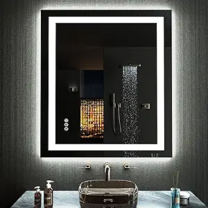 LOAAO 32”X36“ RGB LED Bathroom Mirror with Lights, Large, Anti-Fog, Dimmable Smart Lighted Bathroom Vanity Mirror, Multiple Light Modes, RGB Backlit + Front Light, Memory Function, Tempered Glass