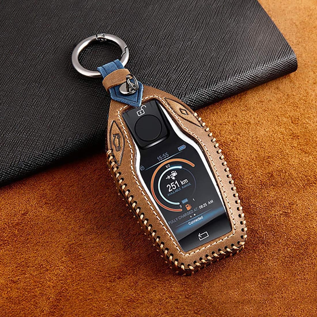 ontto Leather Key Fob Cover Keychain Compatible with BMW 5 7 Series Remote Display Brown