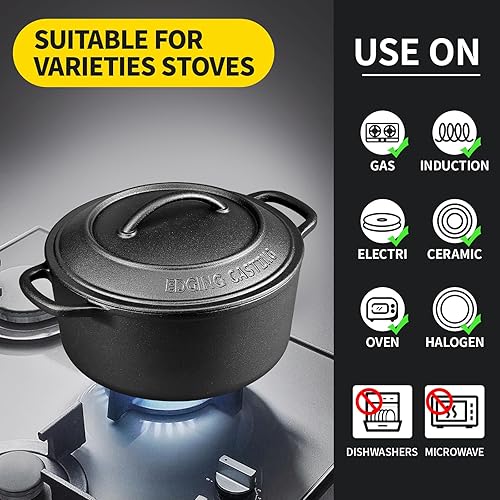 Miniatura 7 de EDGING CASTING Olla holandesa de hierro fundido pre-sazonado con tapa de doble asa, redonda de 5 cuartos de galón, color negro