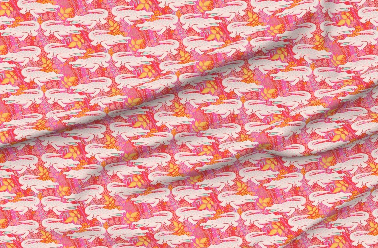 Spoonflower Fabric - Pink Gator Red Floral Whimsical Crocodile Alligator Drawing Maximalist Printed on Petal Cotton Fabric by The Yard - Sewing Quilting Apparel Crafts Decor