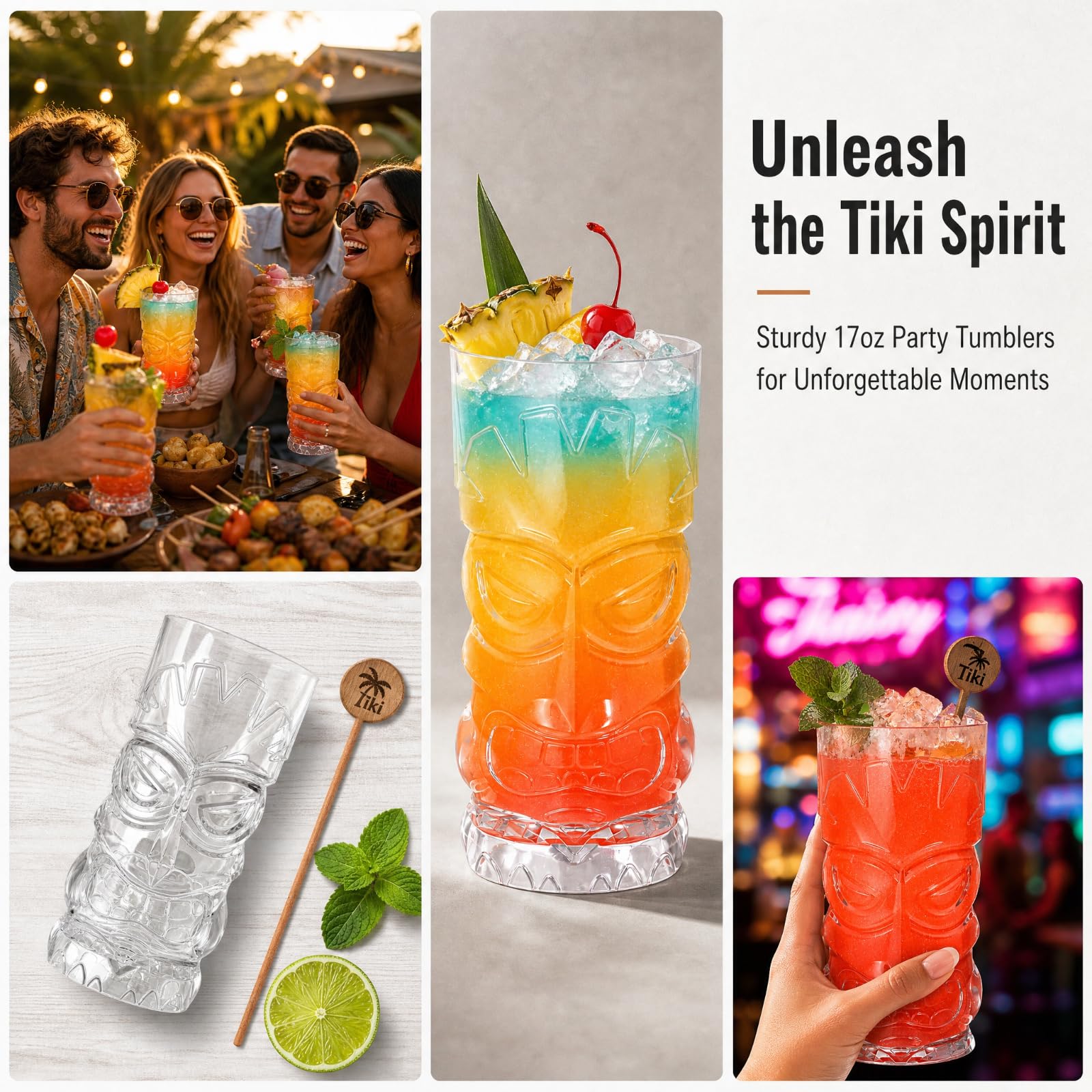 Hacaroa Plastikowe kubki Tiki, przezroczyste szklanki Tiki, nowoczesny bar Tiki, kubek hawajska impreza, szklanki do koktajli, lemoniady, napojów mieszanych, Halloween, piknik, artykuły restauracyjne, 8 szt